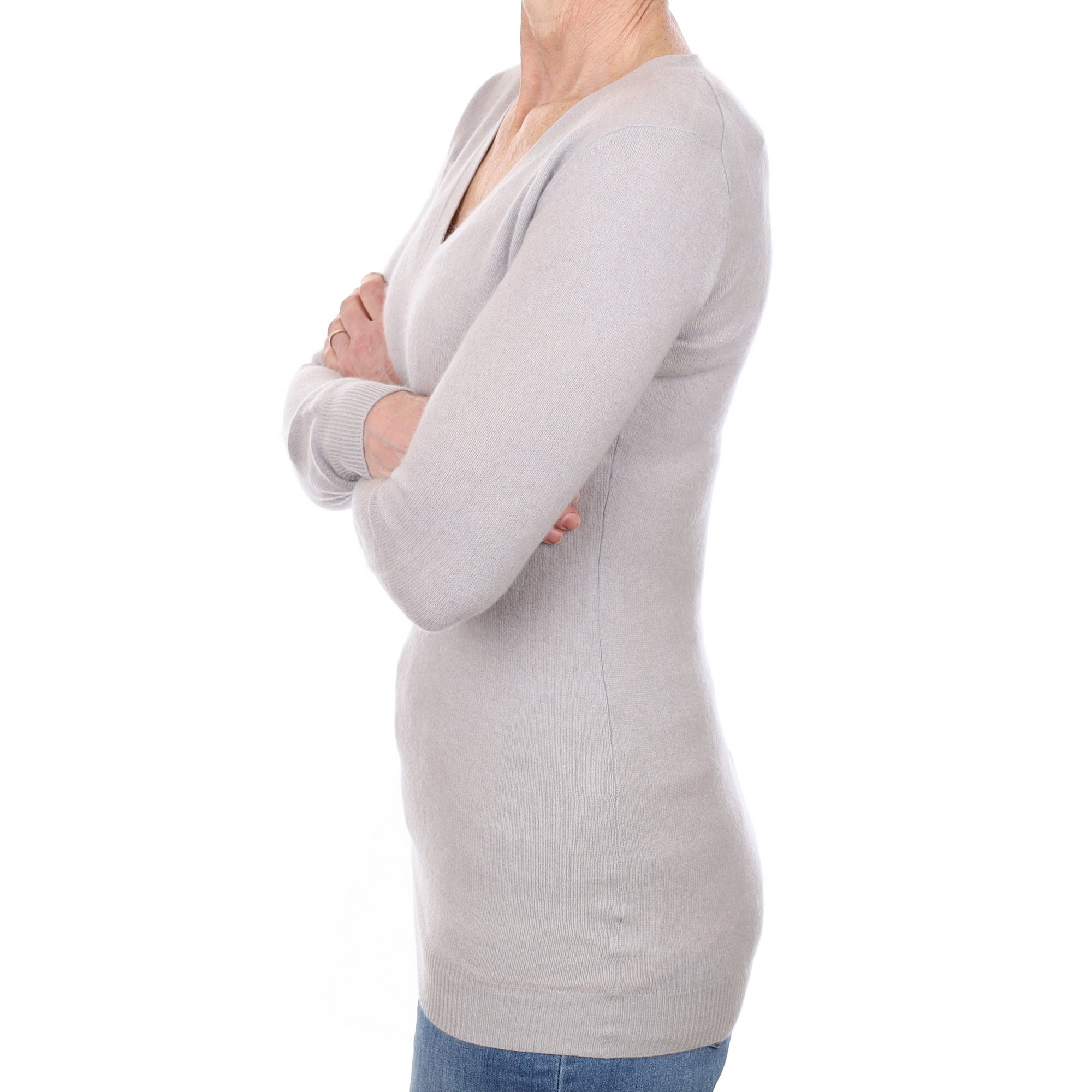 Dove Grey Cashmere Longline V Neck Jumper Small