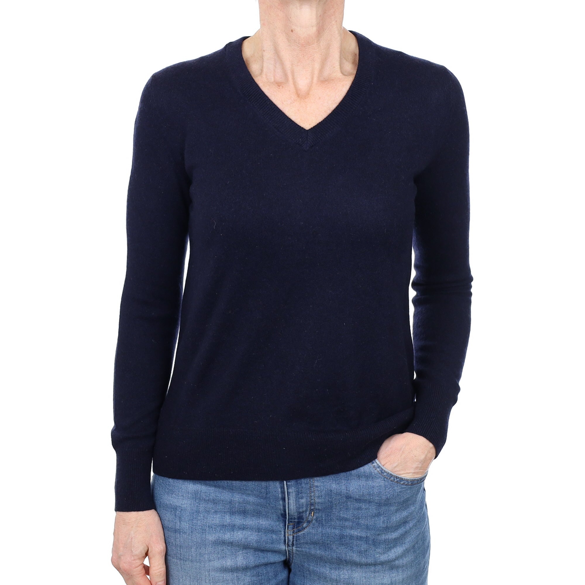 Dark Navy Cashmere V Neck Jumper Small