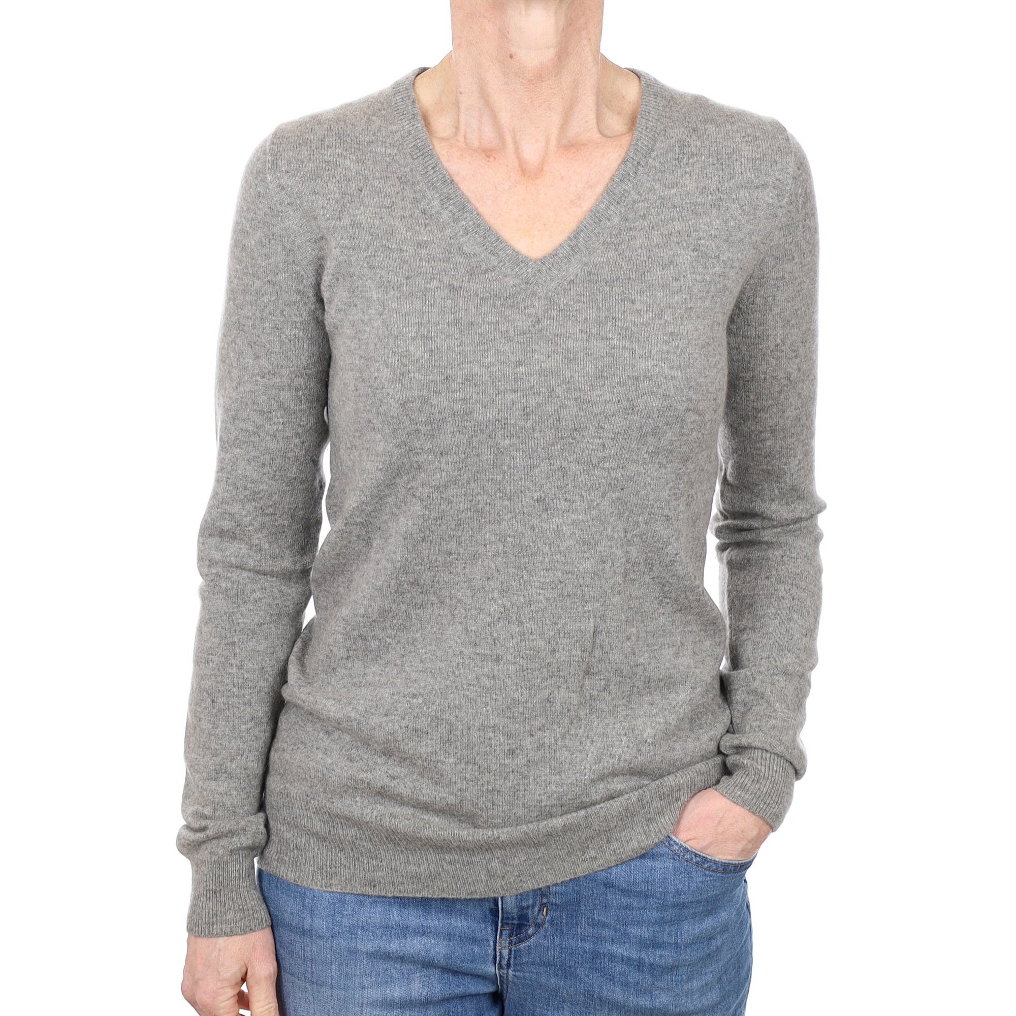 Ash Grey Cashmere Longline V Neck Jumper Small