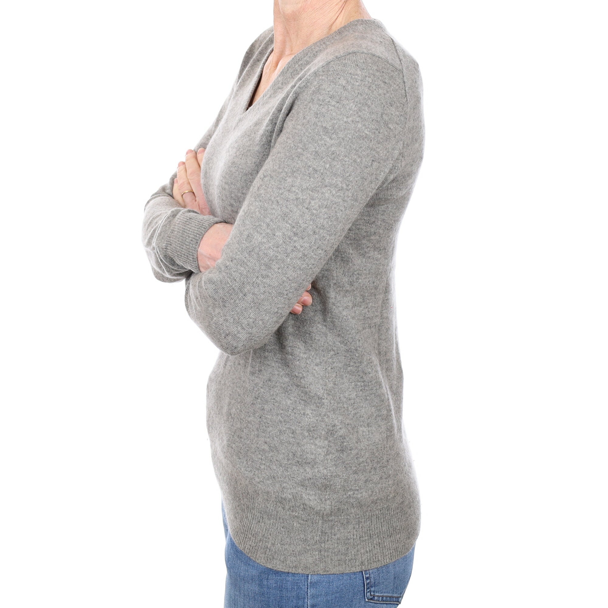 Ash Grey Cashmere Longline V Neck Jumper Small