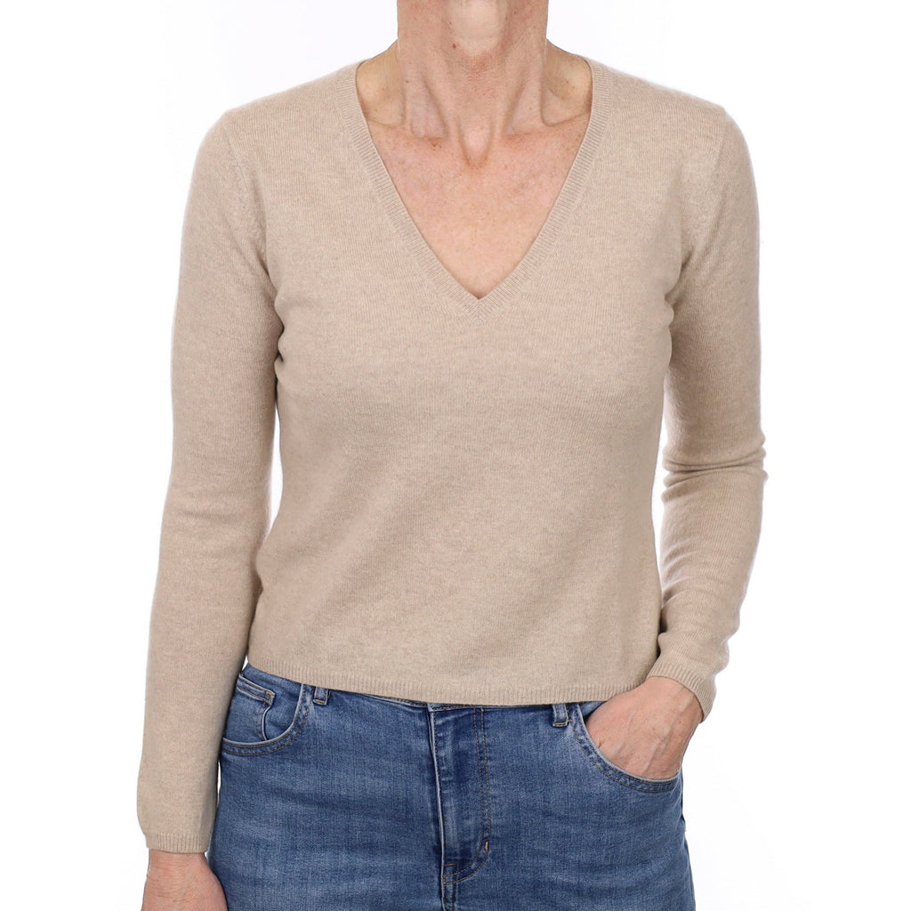 Oatmeal Cashmere V Neck Jumper Small