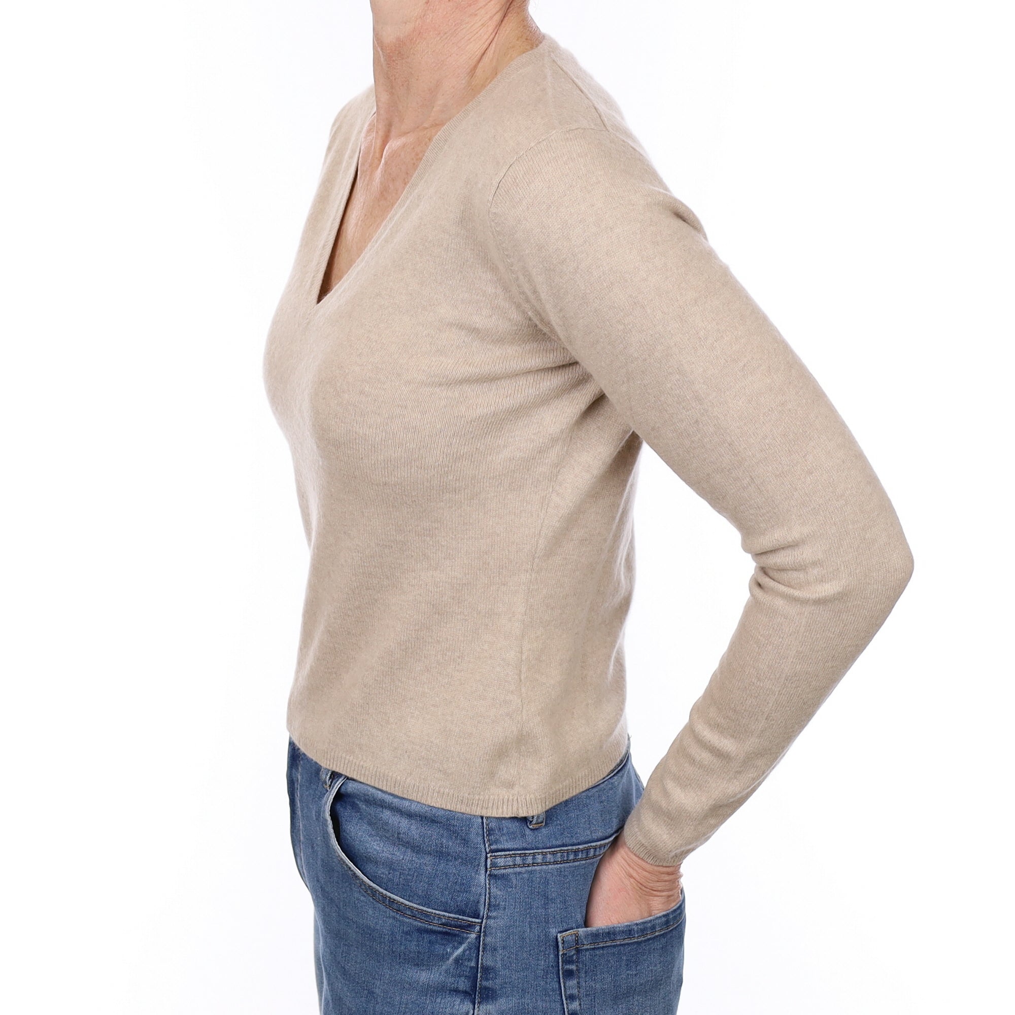 Oatmeal Cashmere V Neck Jumper Small