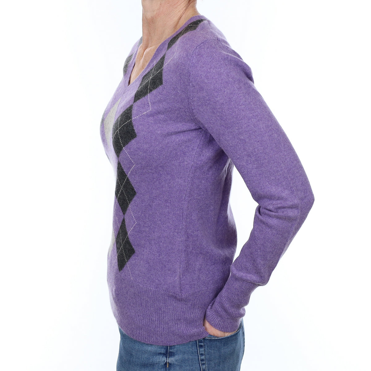 Amethyst Purple Argyle Cashmere V Neck Jumper Small