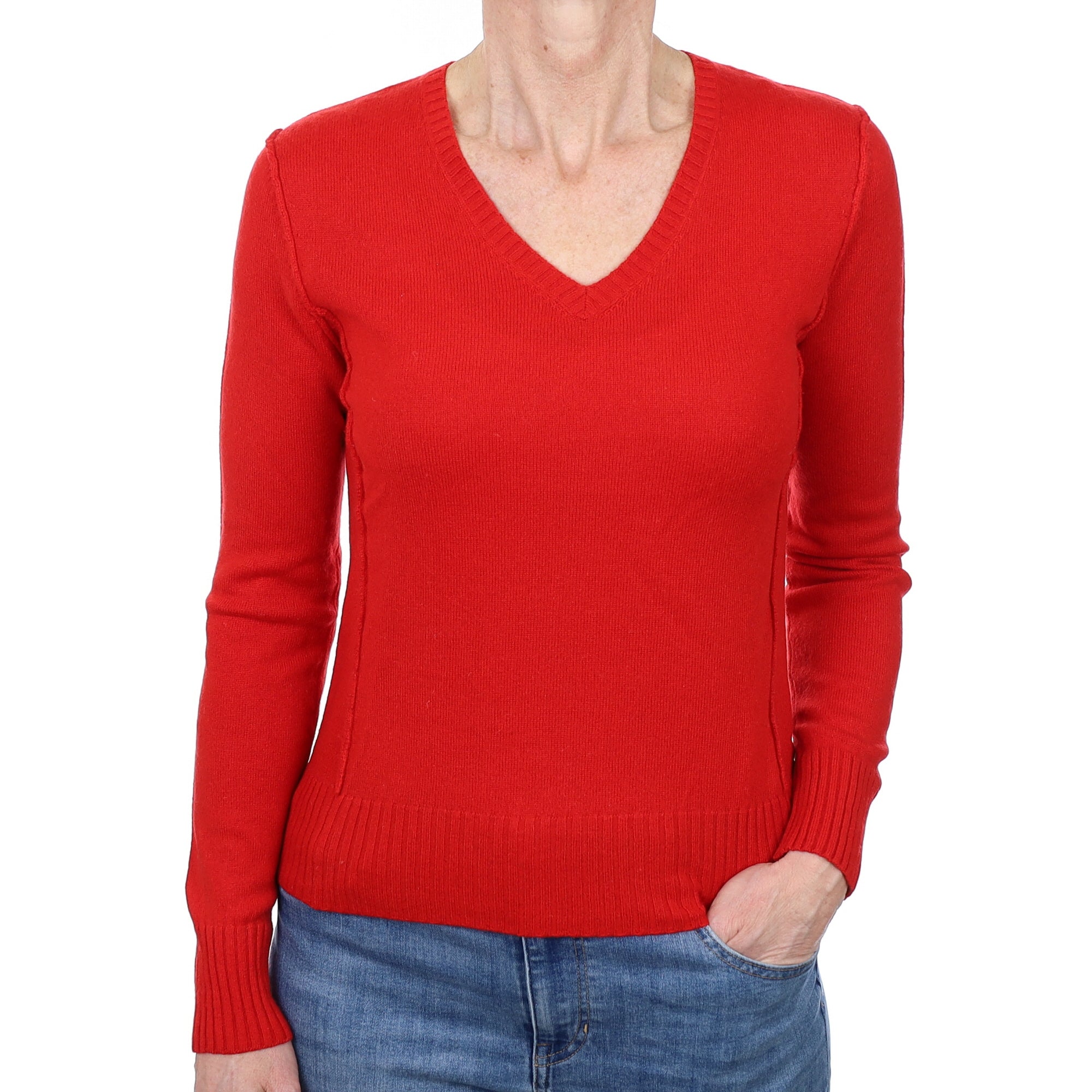 Spanish Red Cashmere V Neck Jumper Small