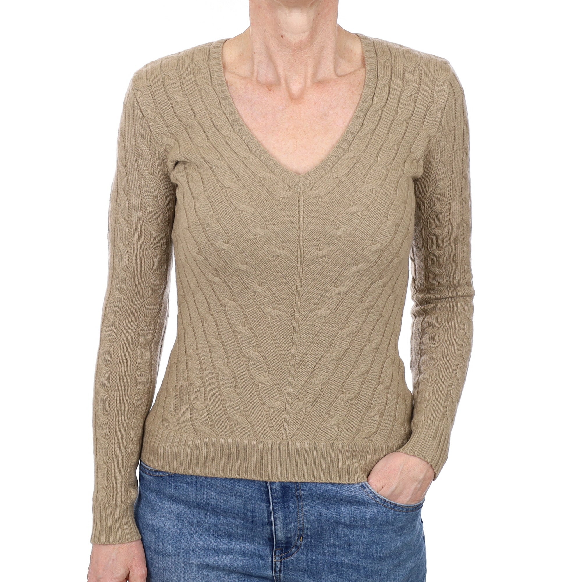Mushroom Brown Cable Cashmere V Neck Jumper Small
