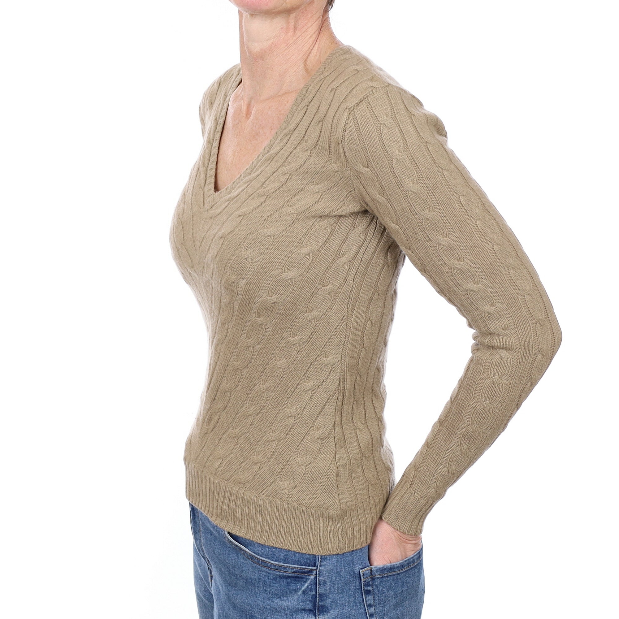 Mushroom Brown Cable Cashmere V Neck Jumper Small