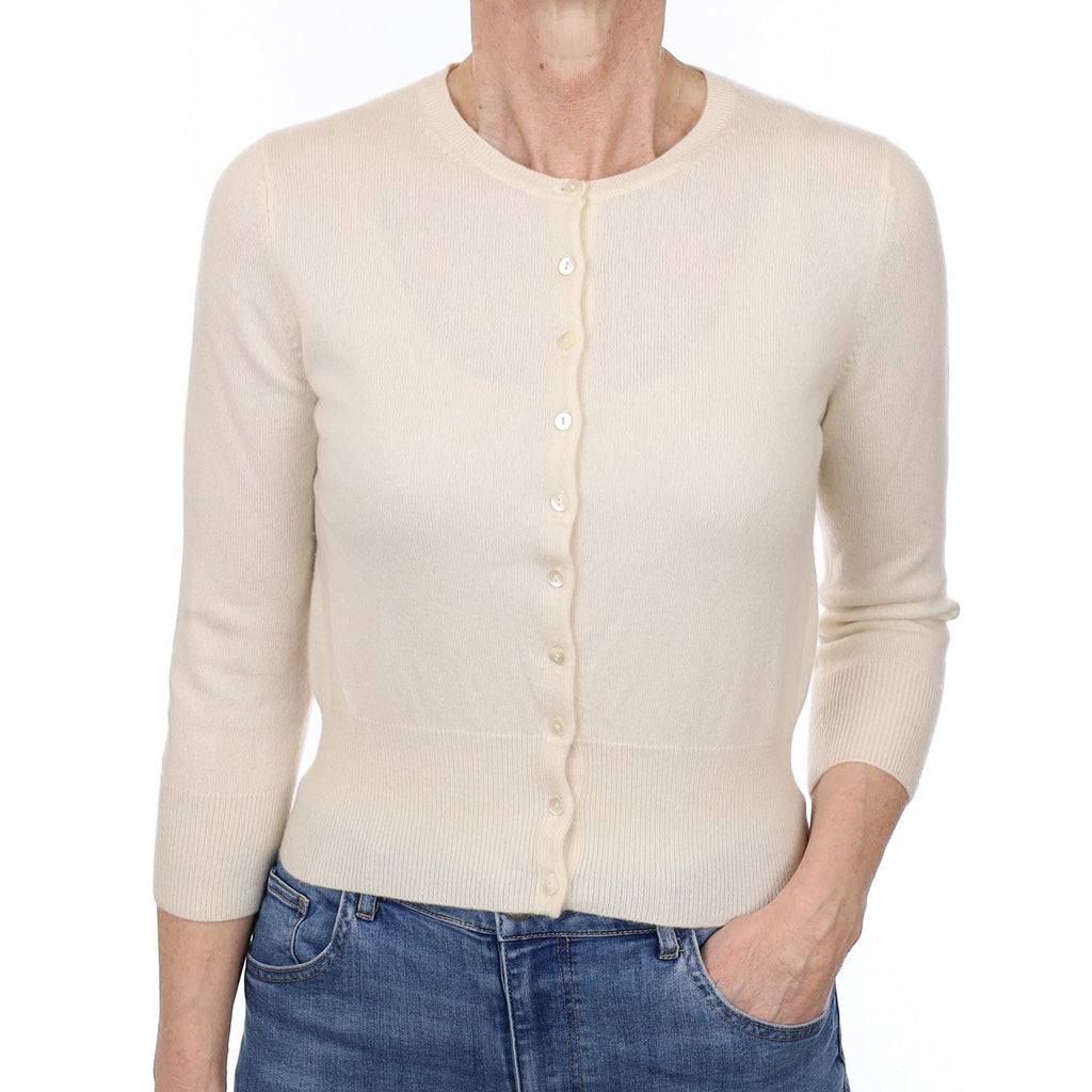 Cream Cashmere 3/4 Sleeve Crew Neck Cardigan Small