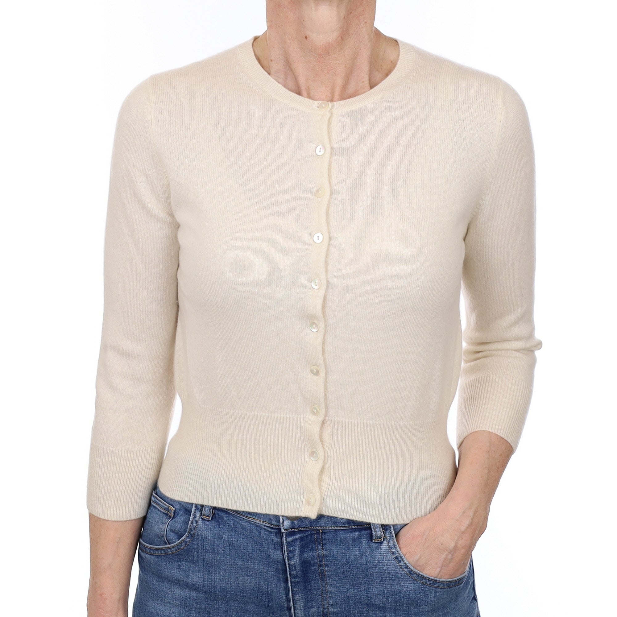 Cream Cashmere 3/4 Sleeve Crew Neck Cardigan Small