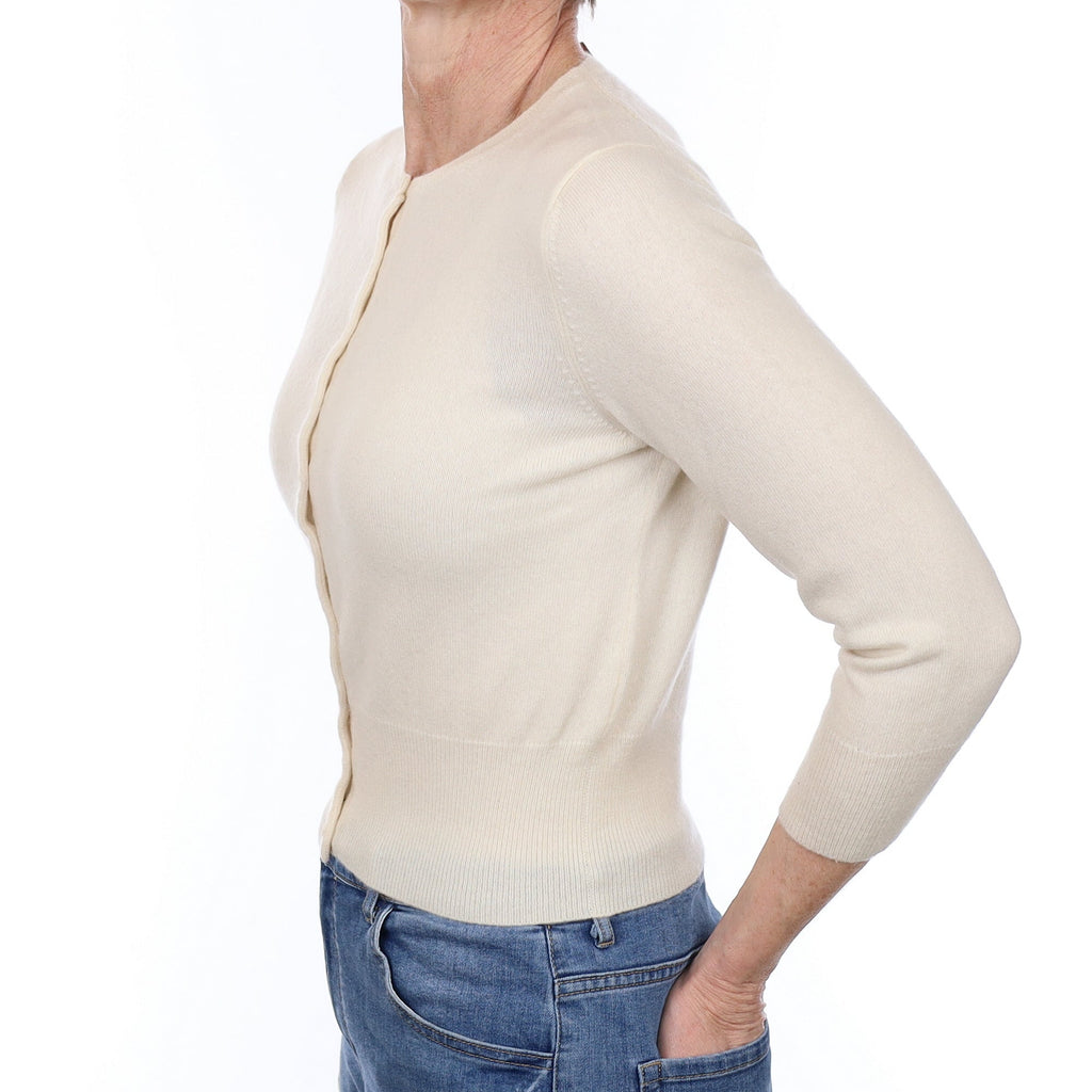 Cream Cashmere 3/4 Sleeve Crew Neck Cardigan Small