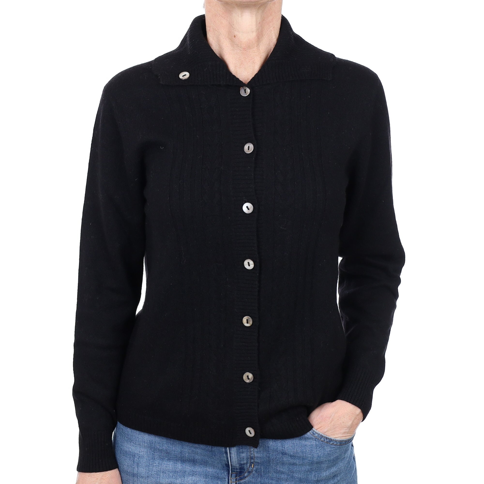 Black Textured Detail Cashmere Cardigan with Collar Small