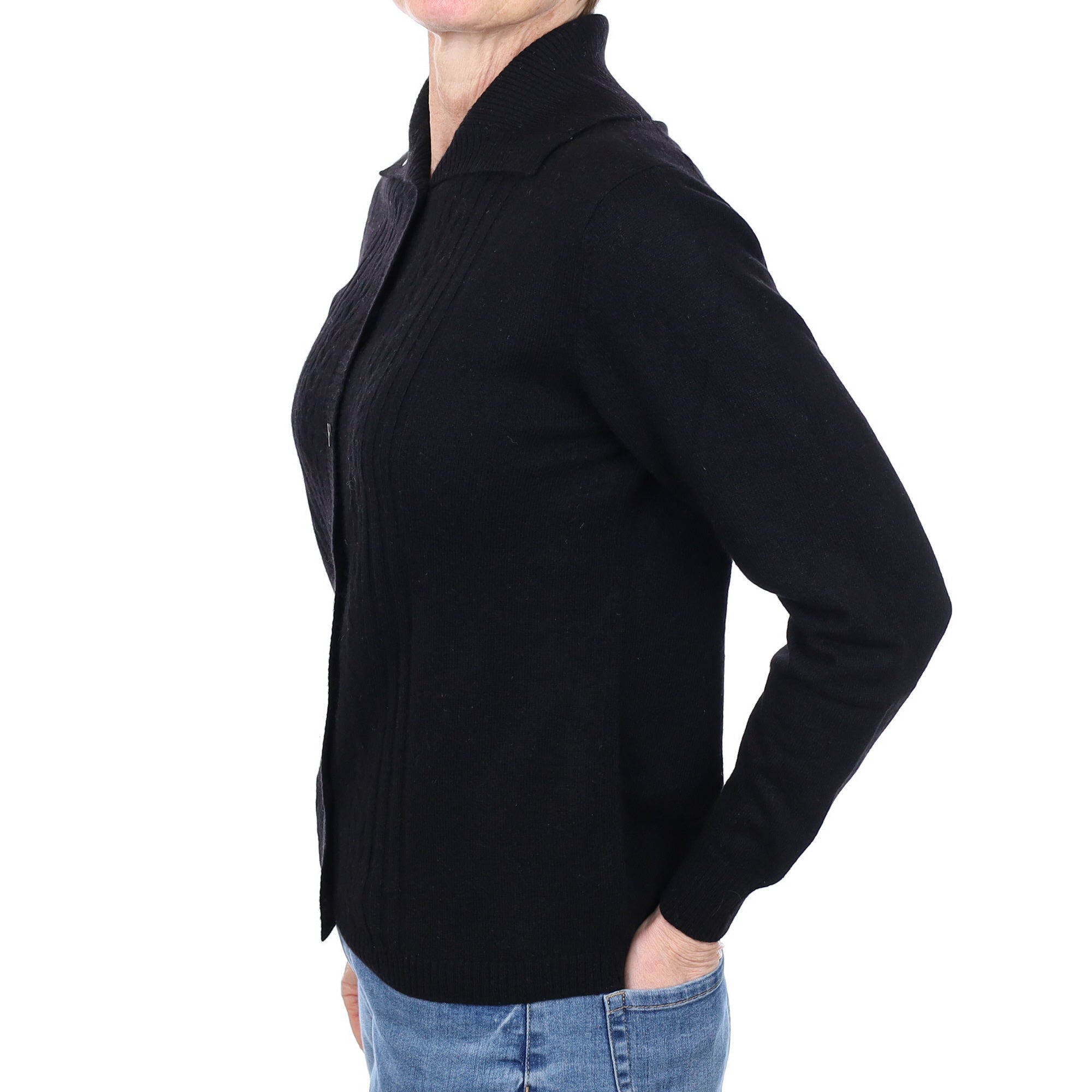 Black Textured Detail Cashmere Cardigan with Collar Small