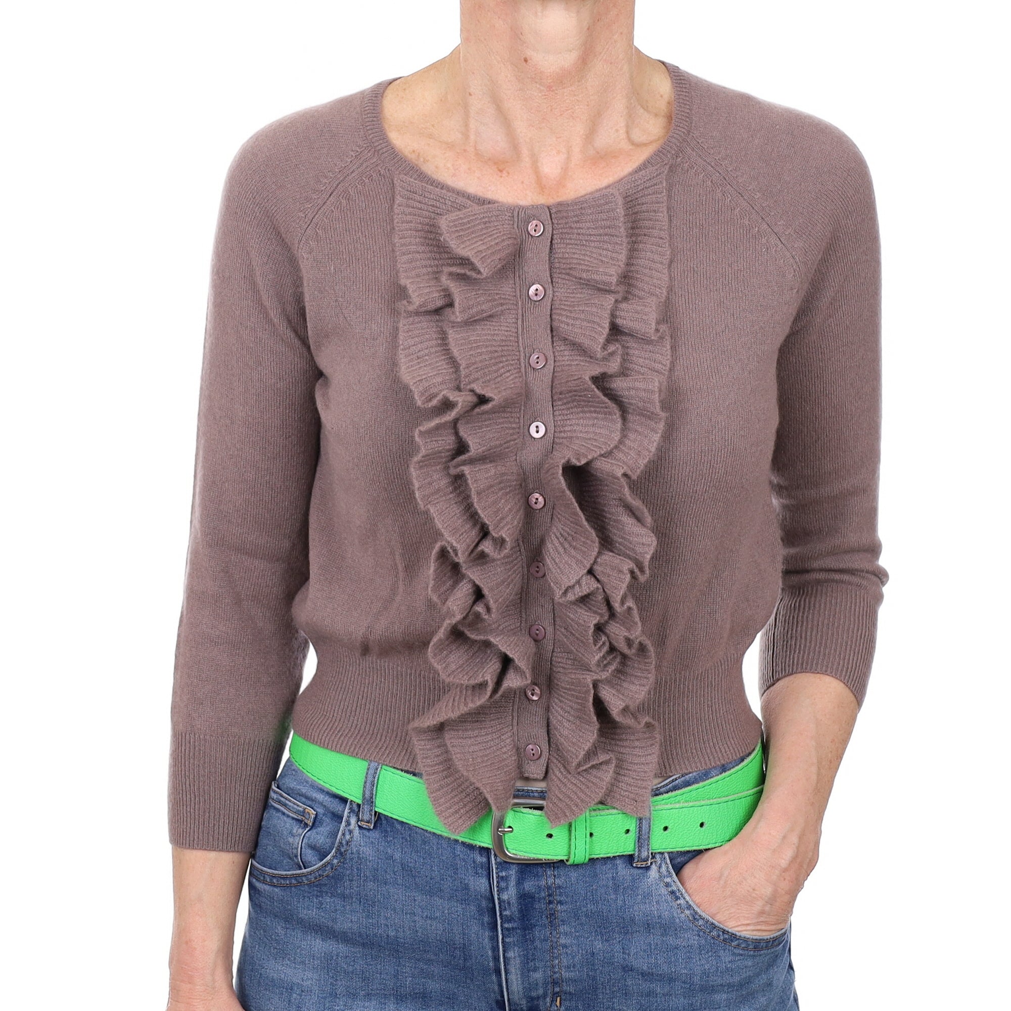 Puce Grey Cashmere Frill Trim Crew Neck Cardigan Small
