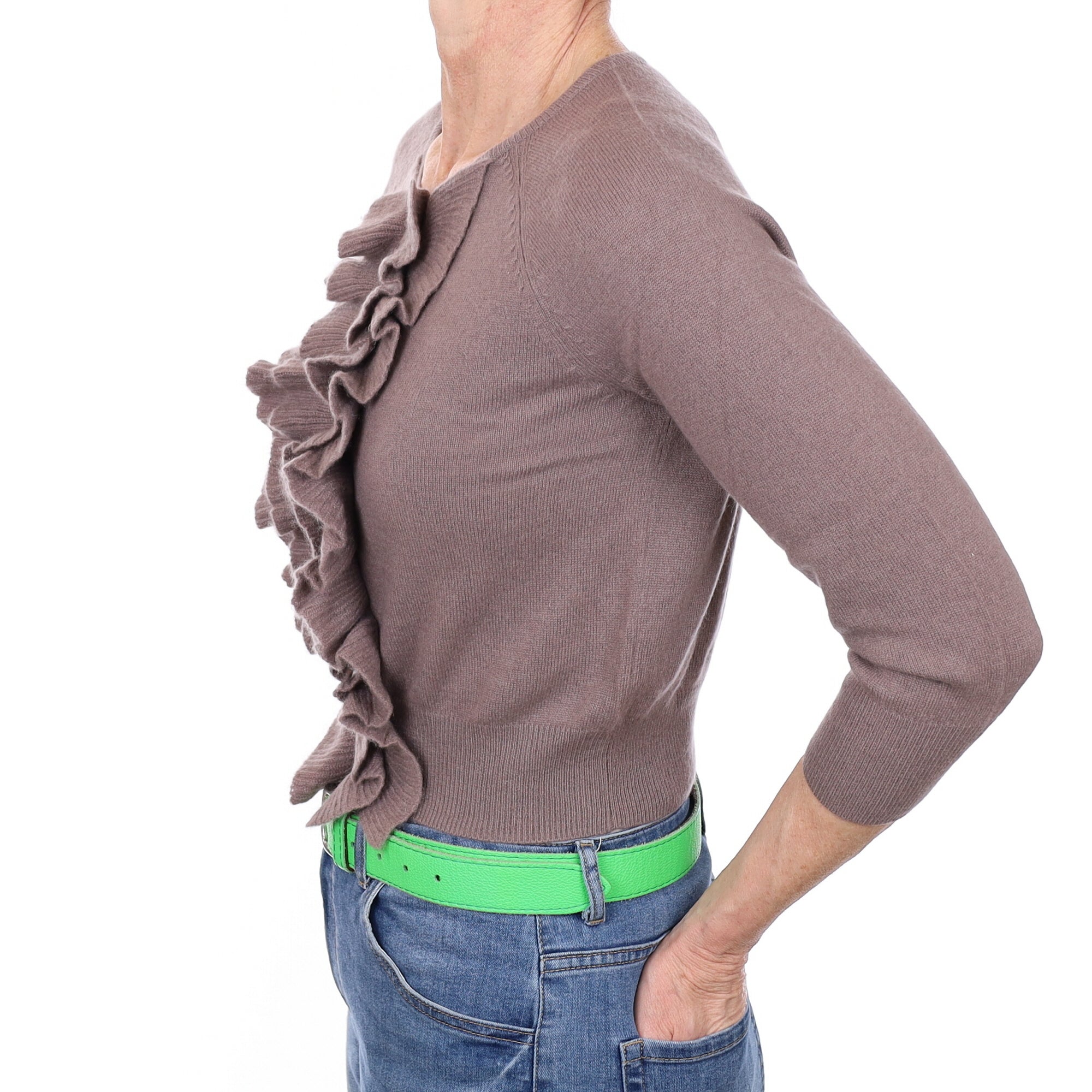 Puce Grey Cashmere Frill Trim Crew Neck Cardigan Small