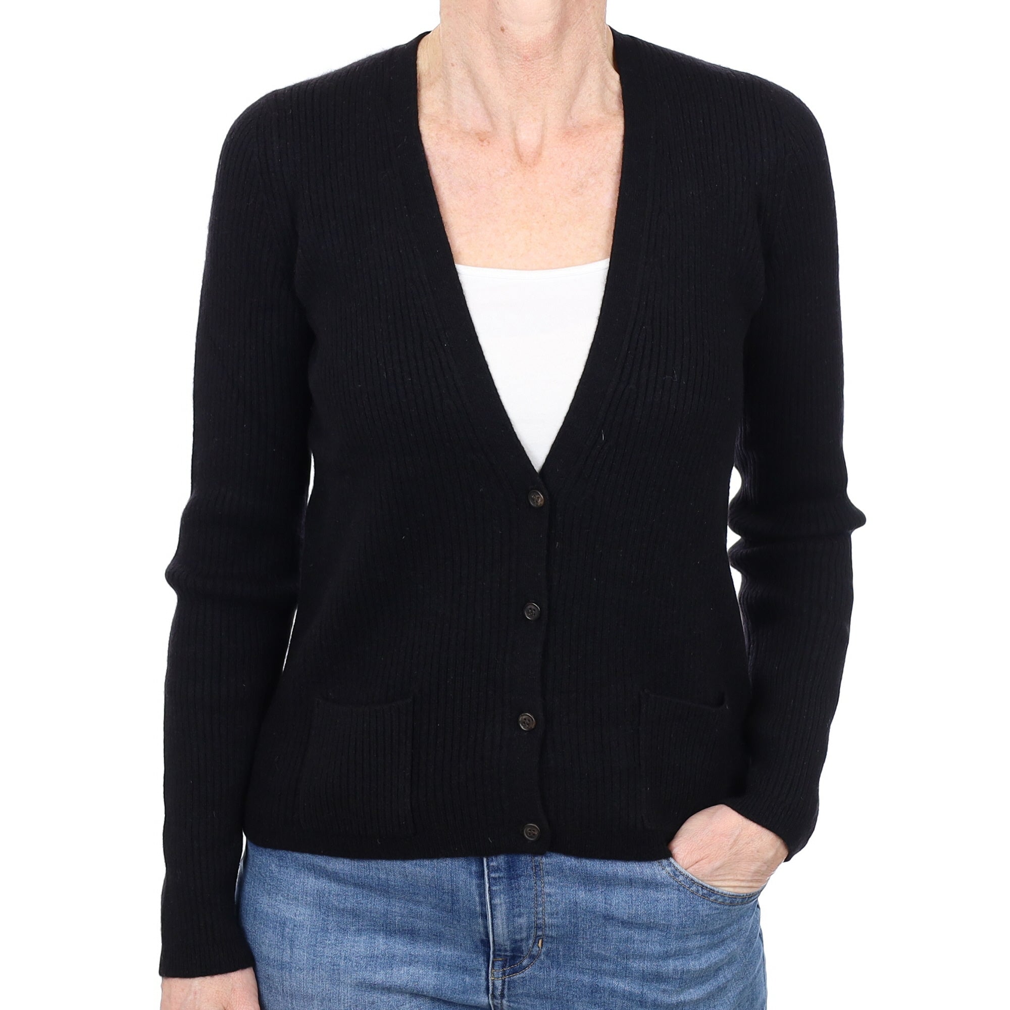 Eric Bompard Black Cashmere Rib V Neck Cardigan with Pockets Small