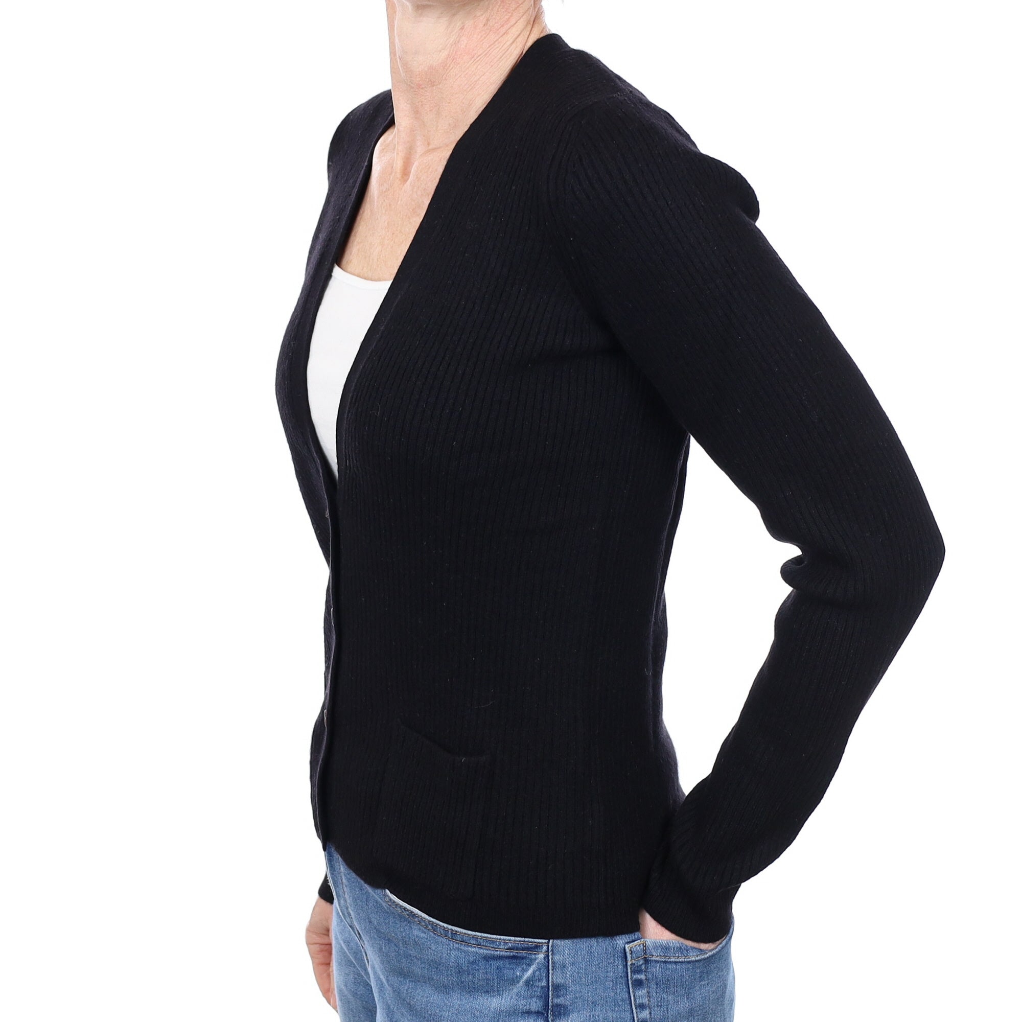 Eric Bompard Black Cashmere Rib V Neck Cardigan with Pockets Small