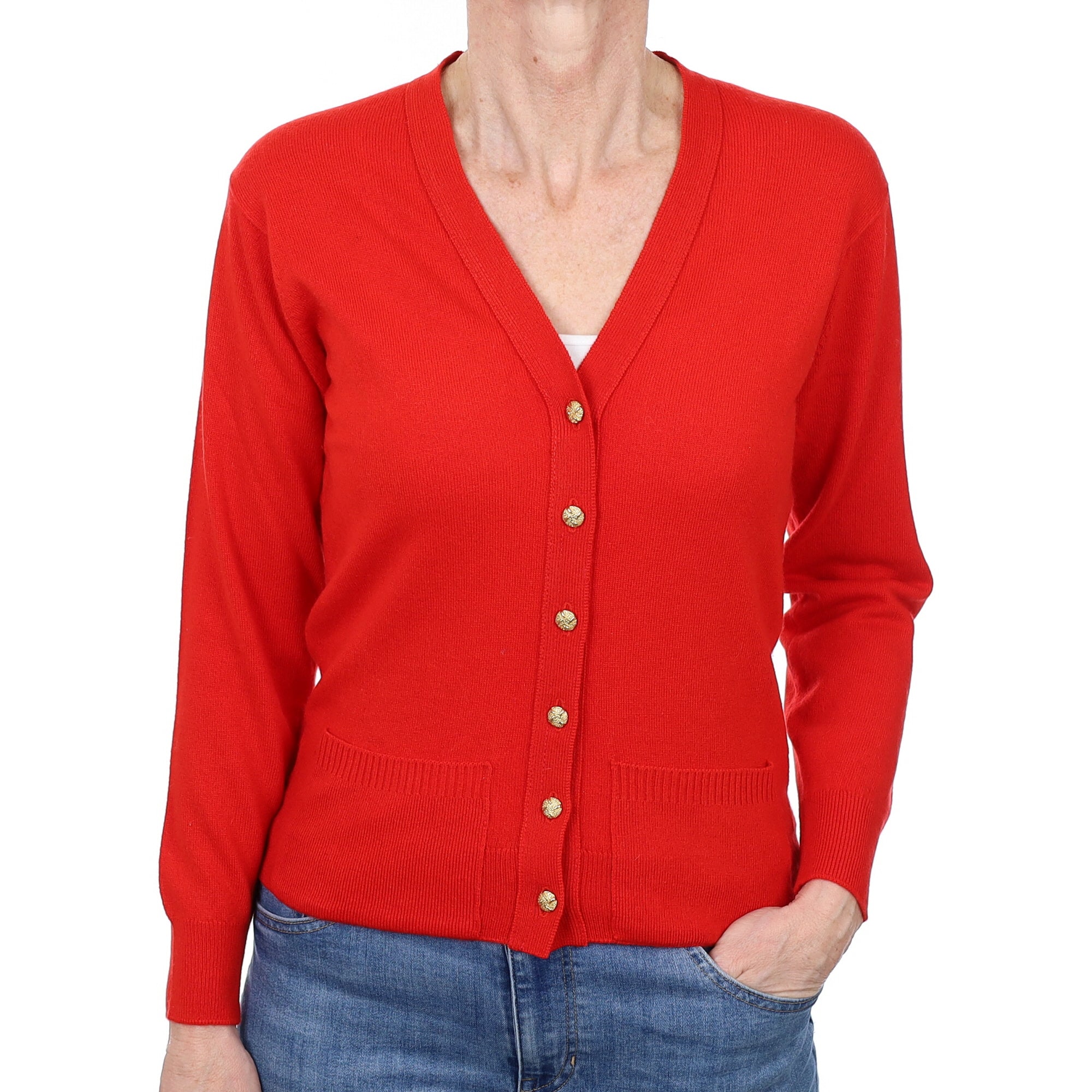 Scottish Scarlet Red Cashmere V Neck Cardigan  with Pockets Small
