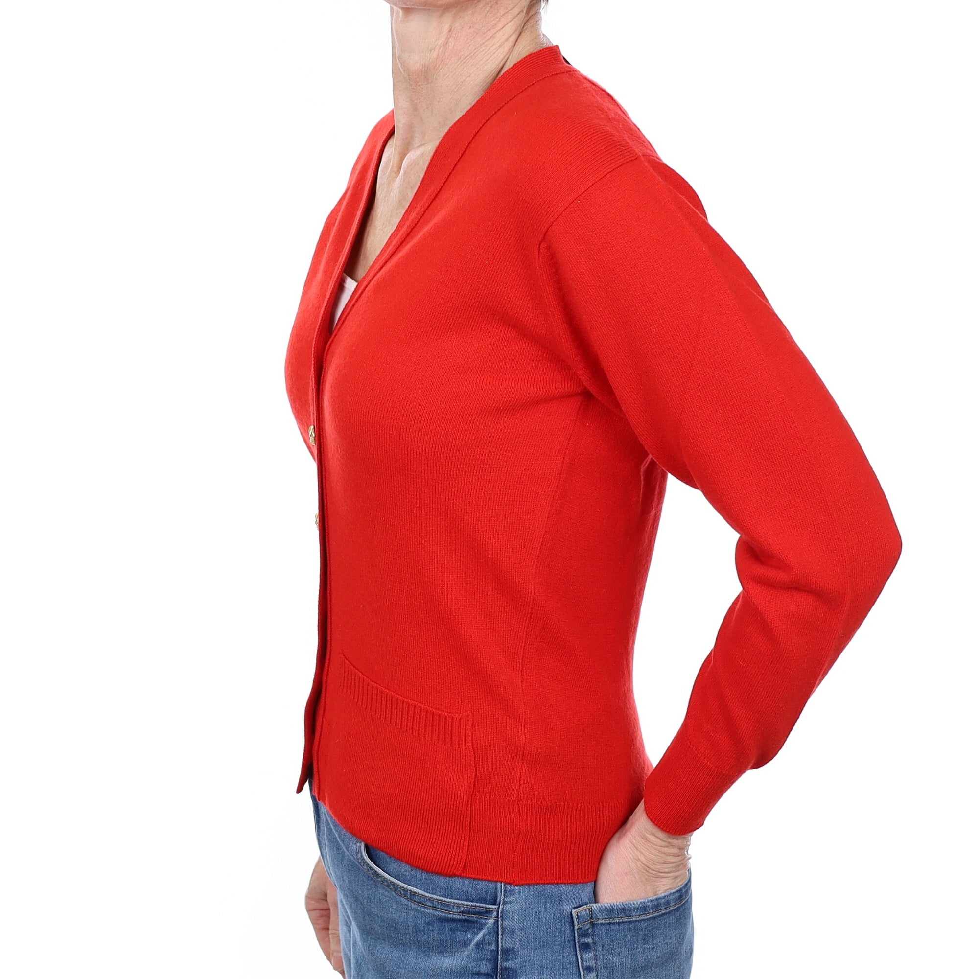 Scottish Scarlet Red Cashmere V Neck Cardigan  with Pockets Small