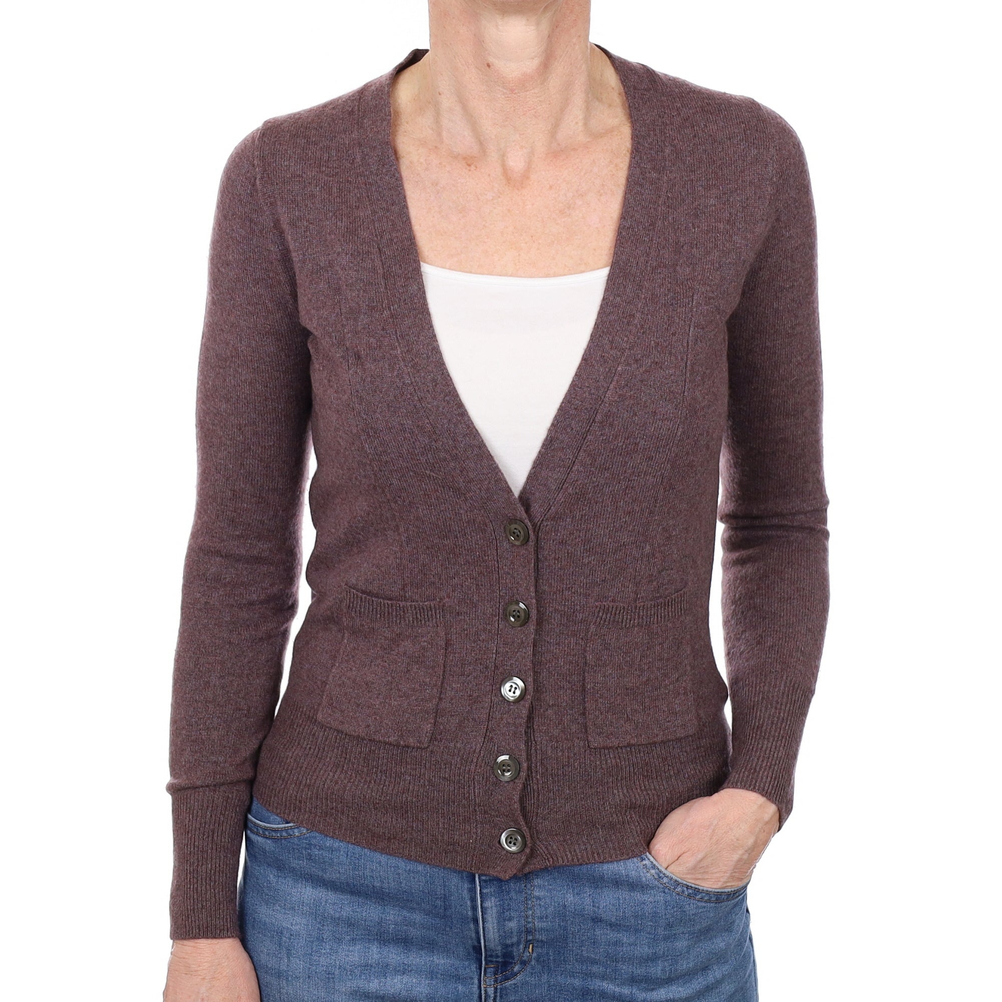 Puce Purple Cashmere V Neck Cardigan with Pockets Small
