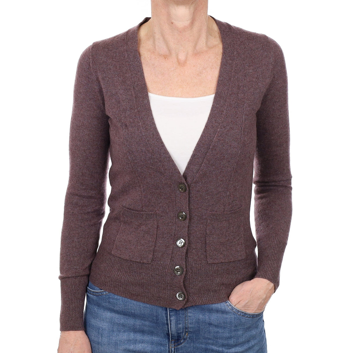 Puce Purple Cashmere V Neck Cardigan with Pockets Small