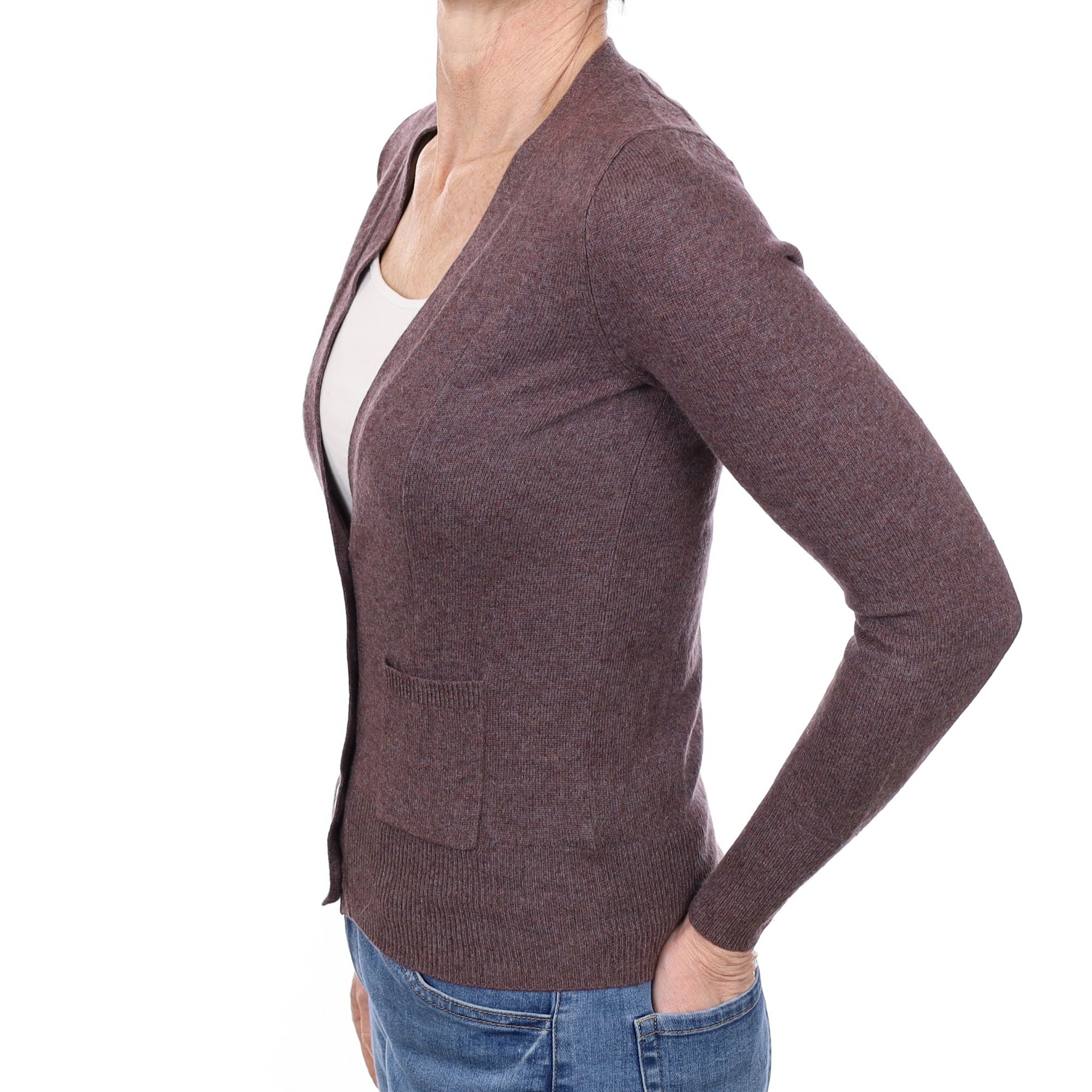 Puce Purple Cashmere V Neck Cardigan with Pockets Small