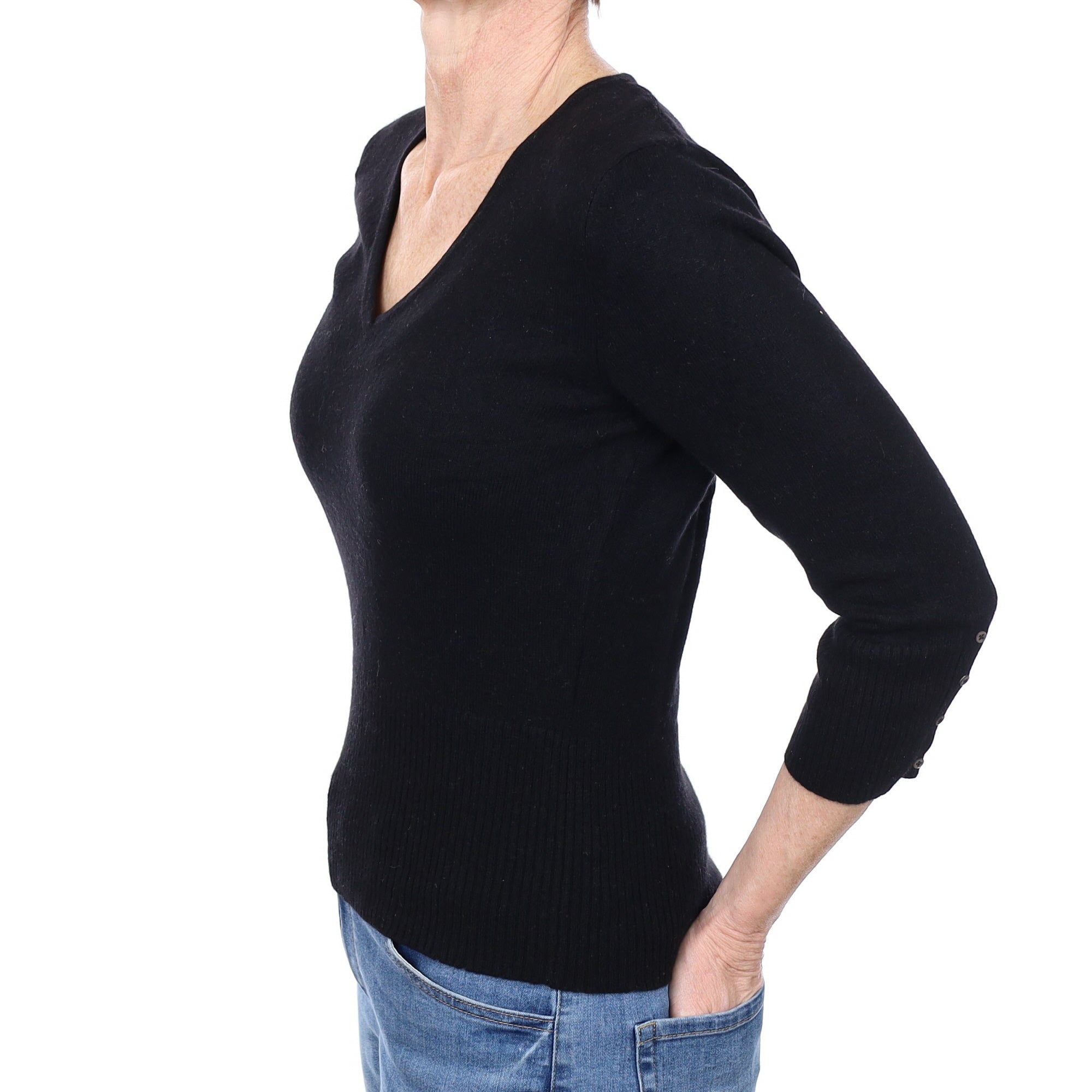 Black Cashmere 3/4 Sleeve V Neck Jumper Small