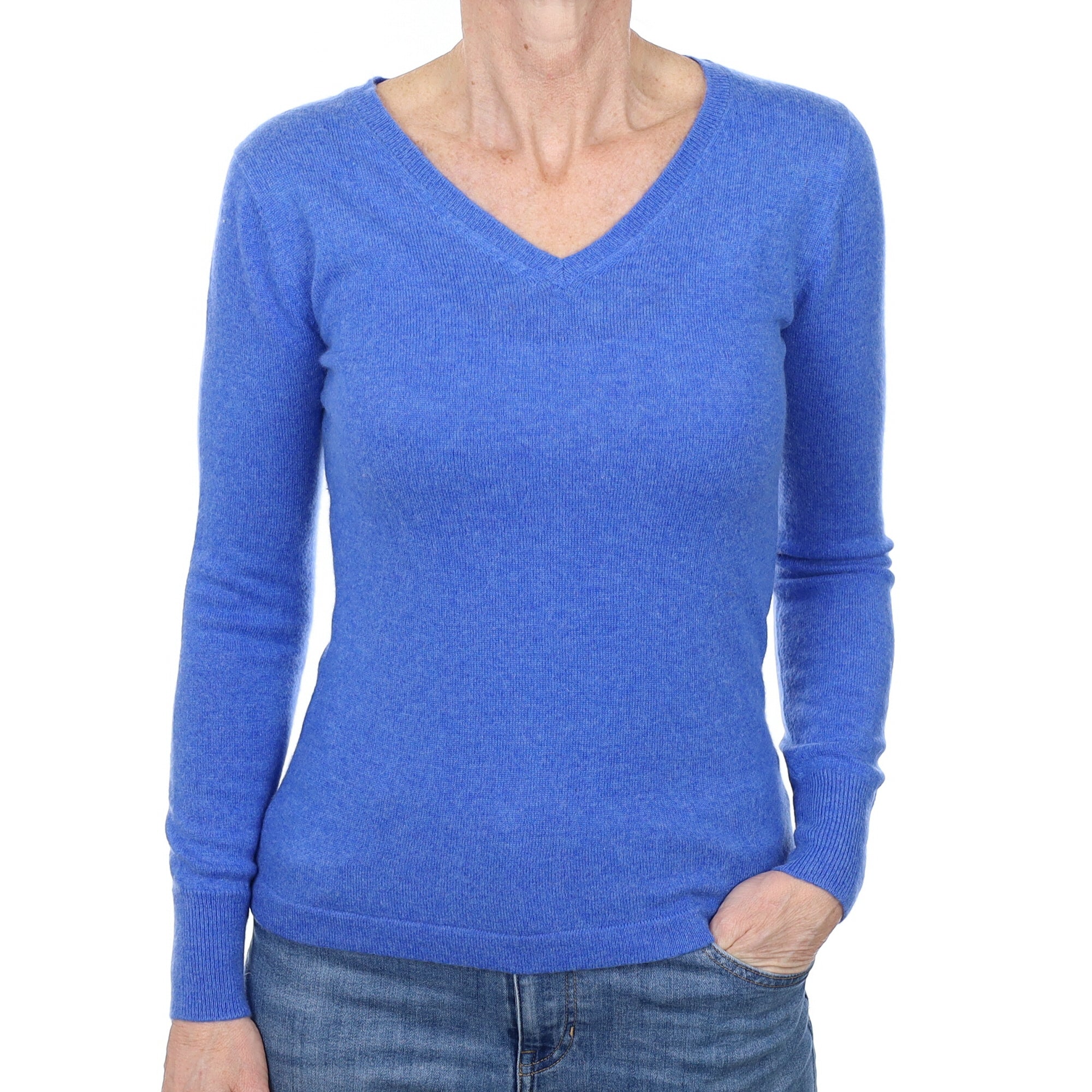 Tanzanite Blue Cashmere V Neck Jumper Small