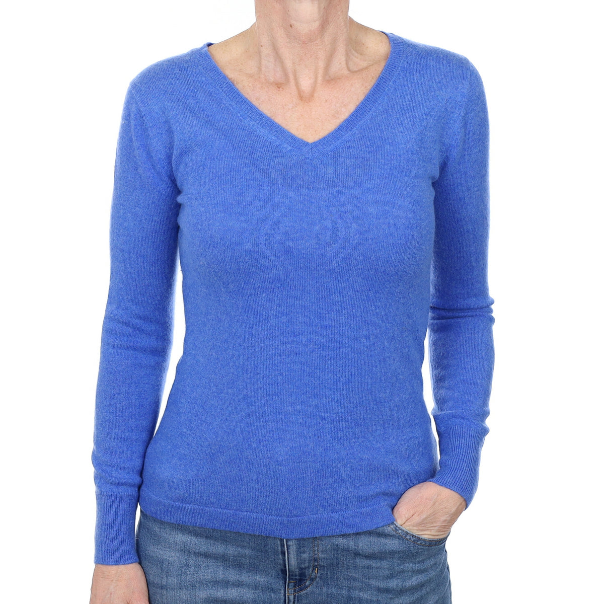 Tanzanite Blue Cashmere V Neck Jumper Small