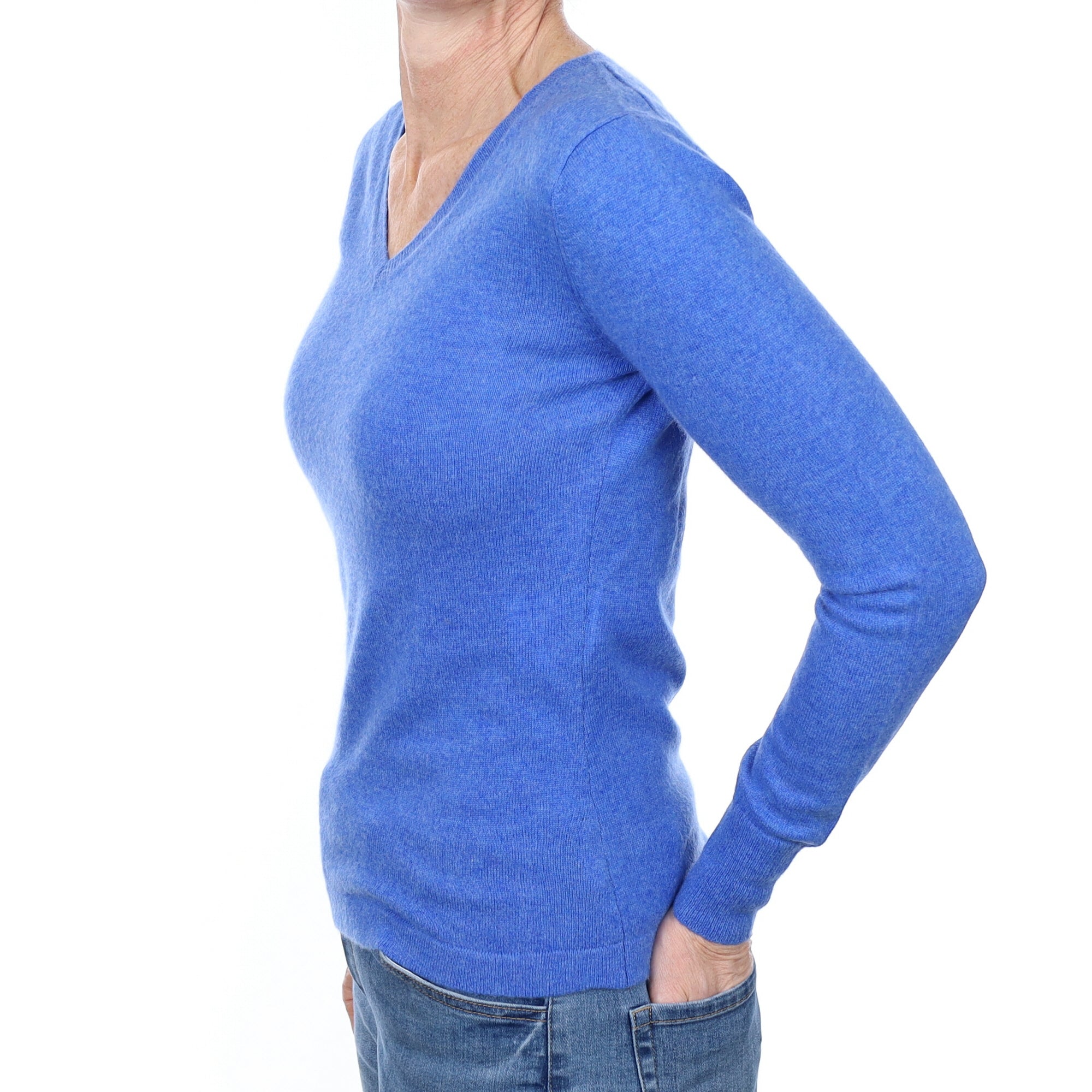 Tanzanite Blue Cashmere V Neck Jumper Small