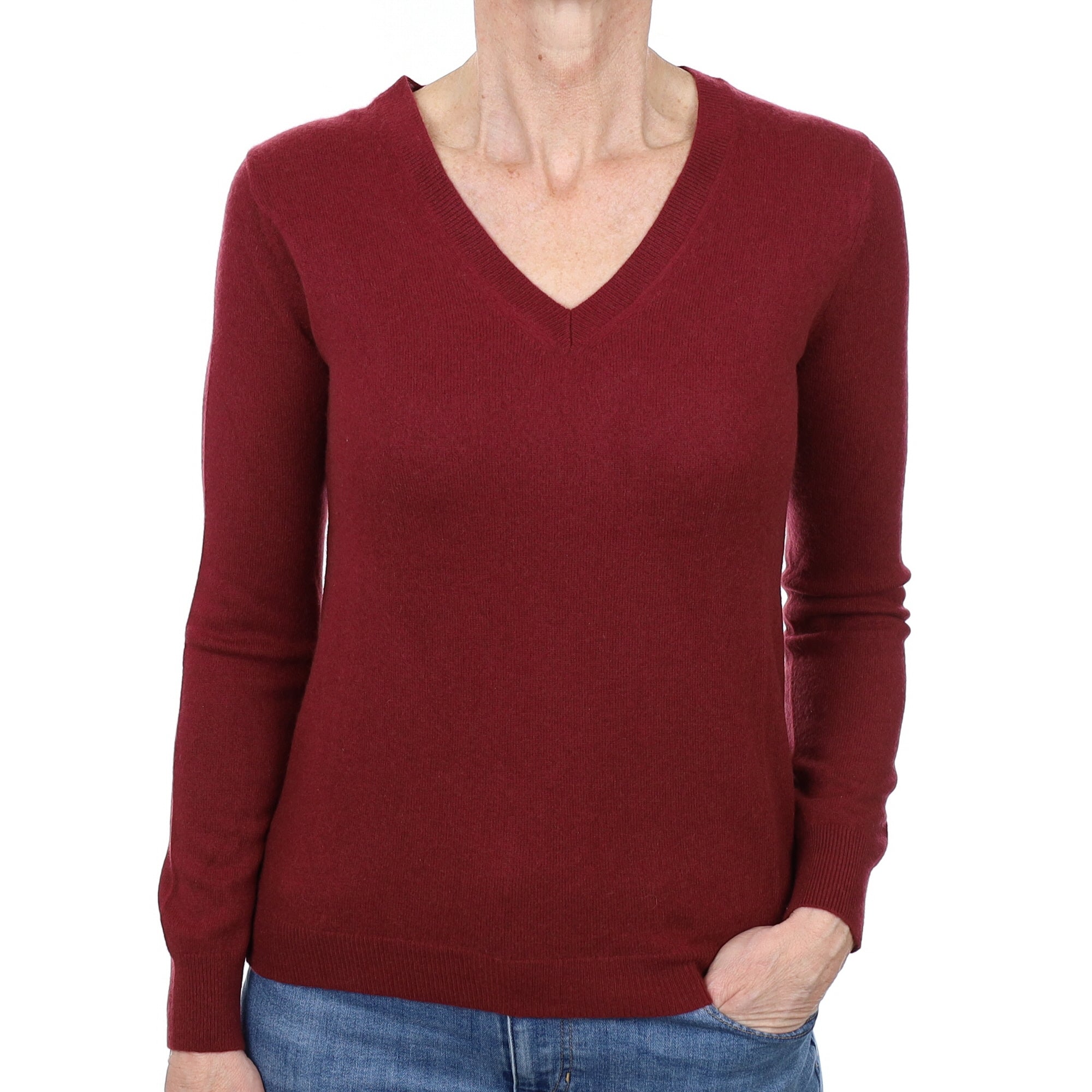 Maroon Red Cashmere V Neck Jumper Small