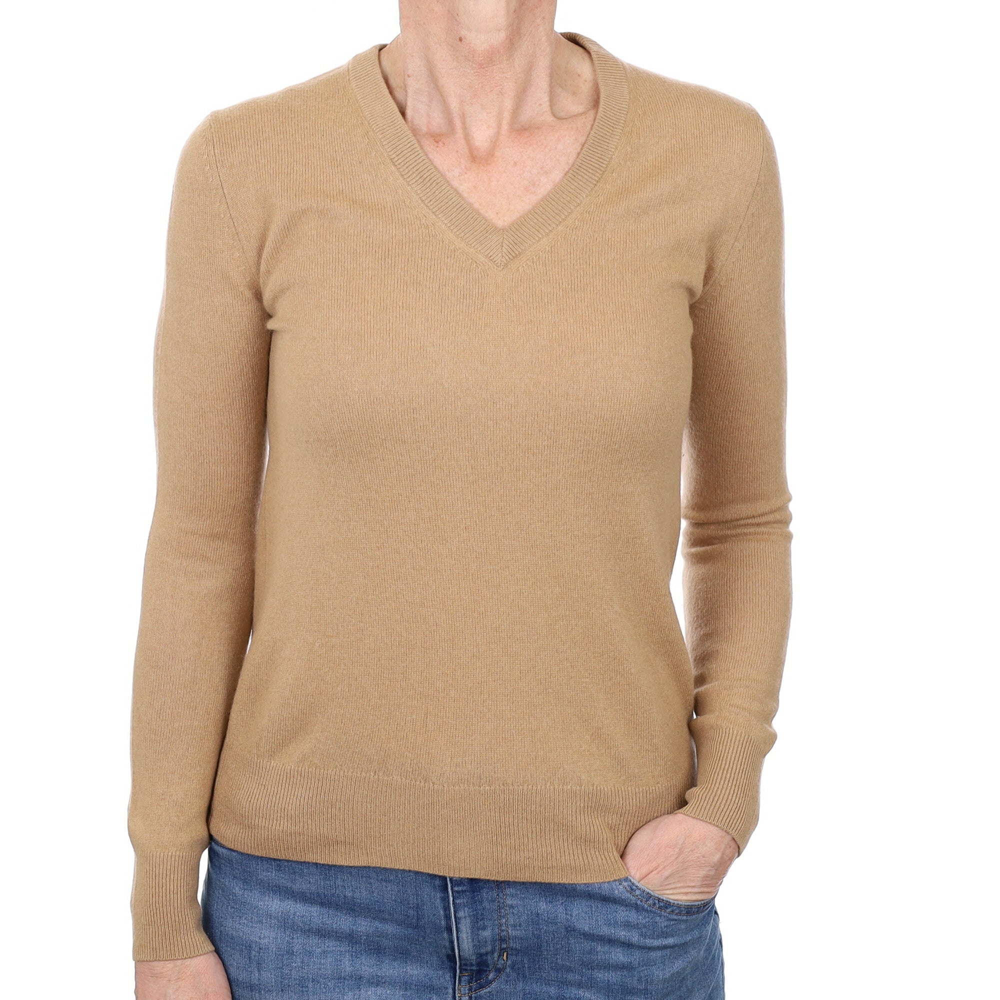 Camel Brown Cashmere V Neck Jumper Small