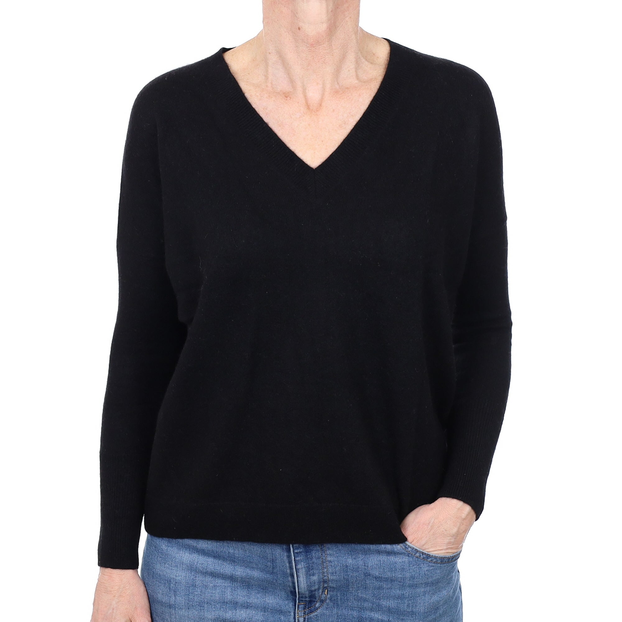 Black Cashmere Boxy V Neck Jumper Small