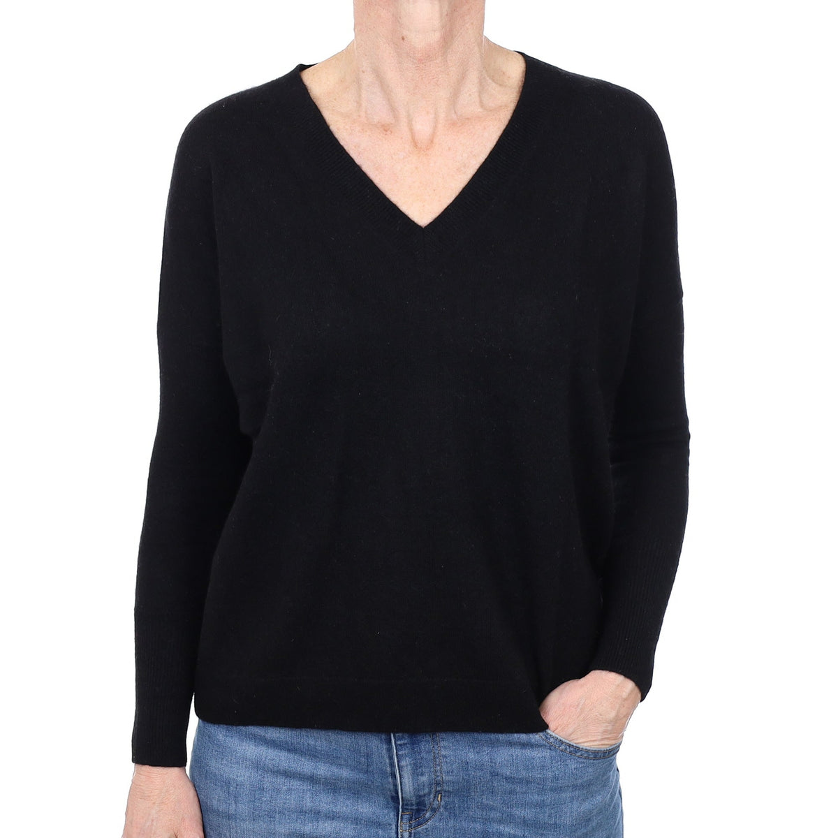 Black Cashmere Boxy V Neck Jumper Small