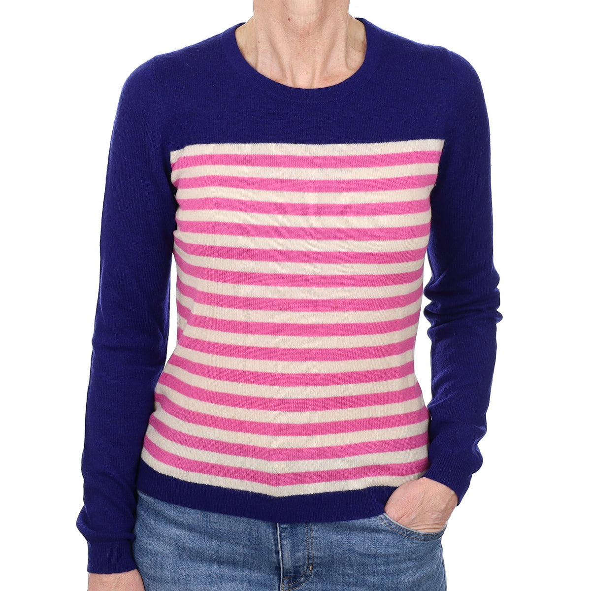 Blue and Pink Stripe Cashmere Crew Neck Jumper Small