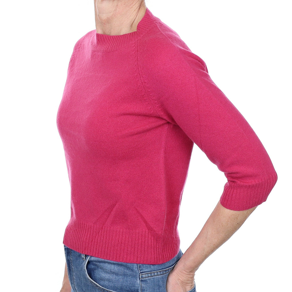 Raspberry Pink Cashmere 3/4 Sleeve Crew Neck Jumper Small