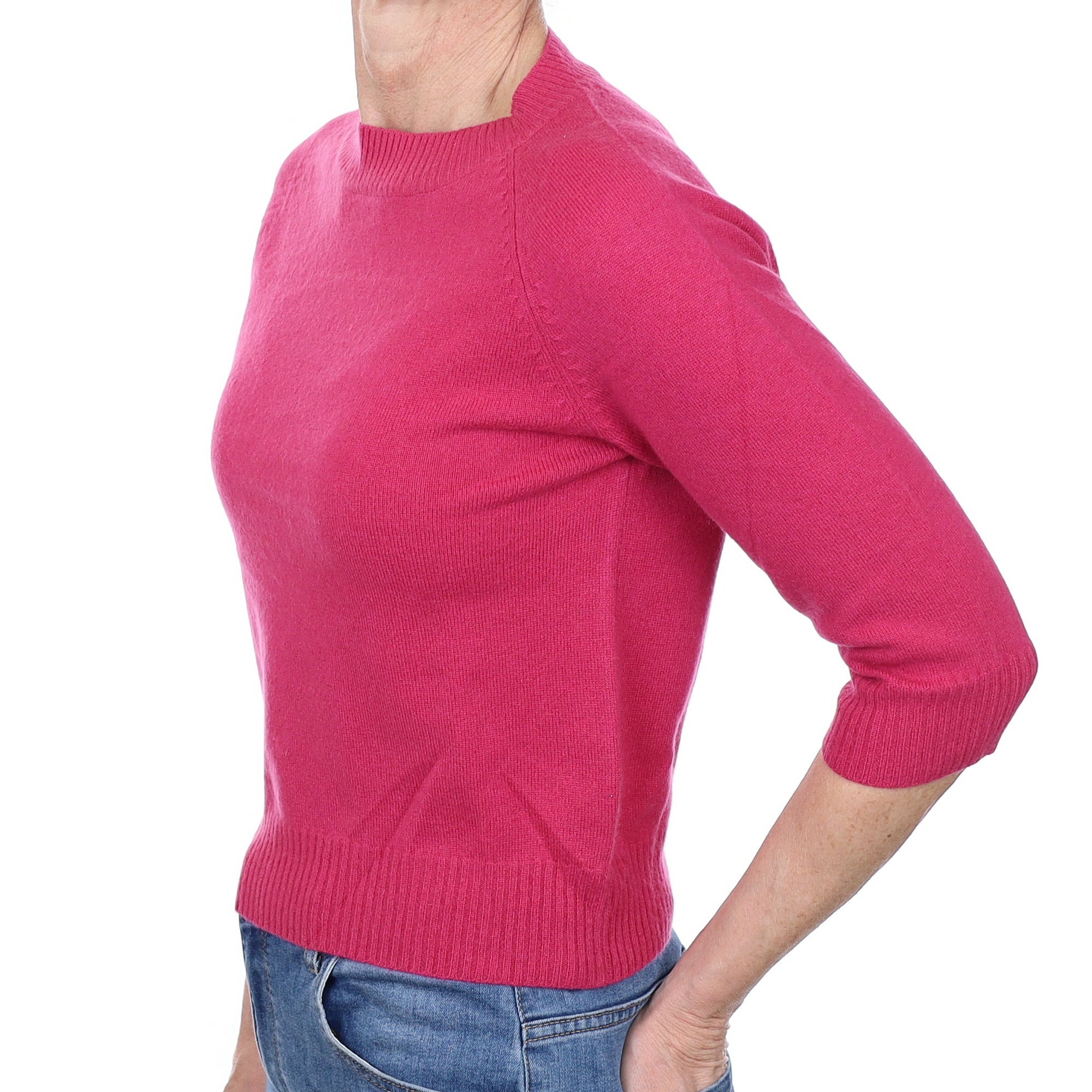 Raspberry Pink Cashmere 3/4 Sleeve Crew Neck Jumper Small