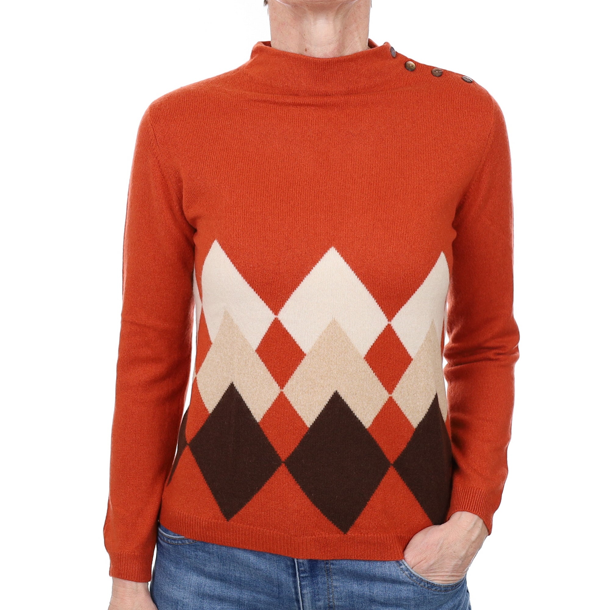 Sienna Orange Diamond Cashmere Turtle Neck Jumper Small