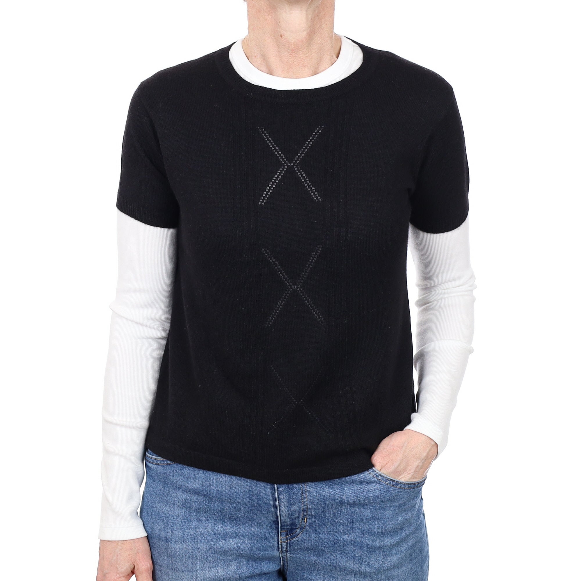 Black Rib Detail Cashmere Short Sleeve Crew Neck Jumper Small