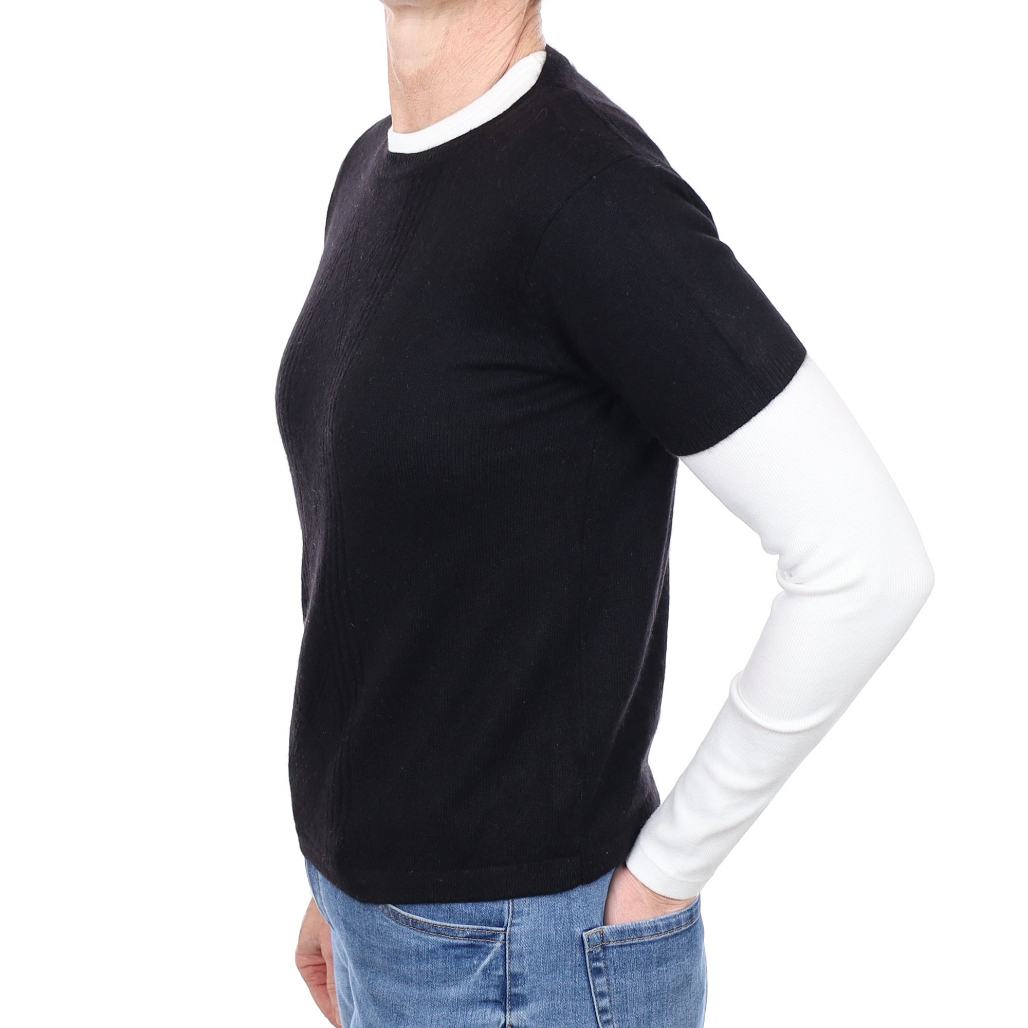 Black Rib Detail Cashmere Short Sleeve Crew Neck Jumper Small