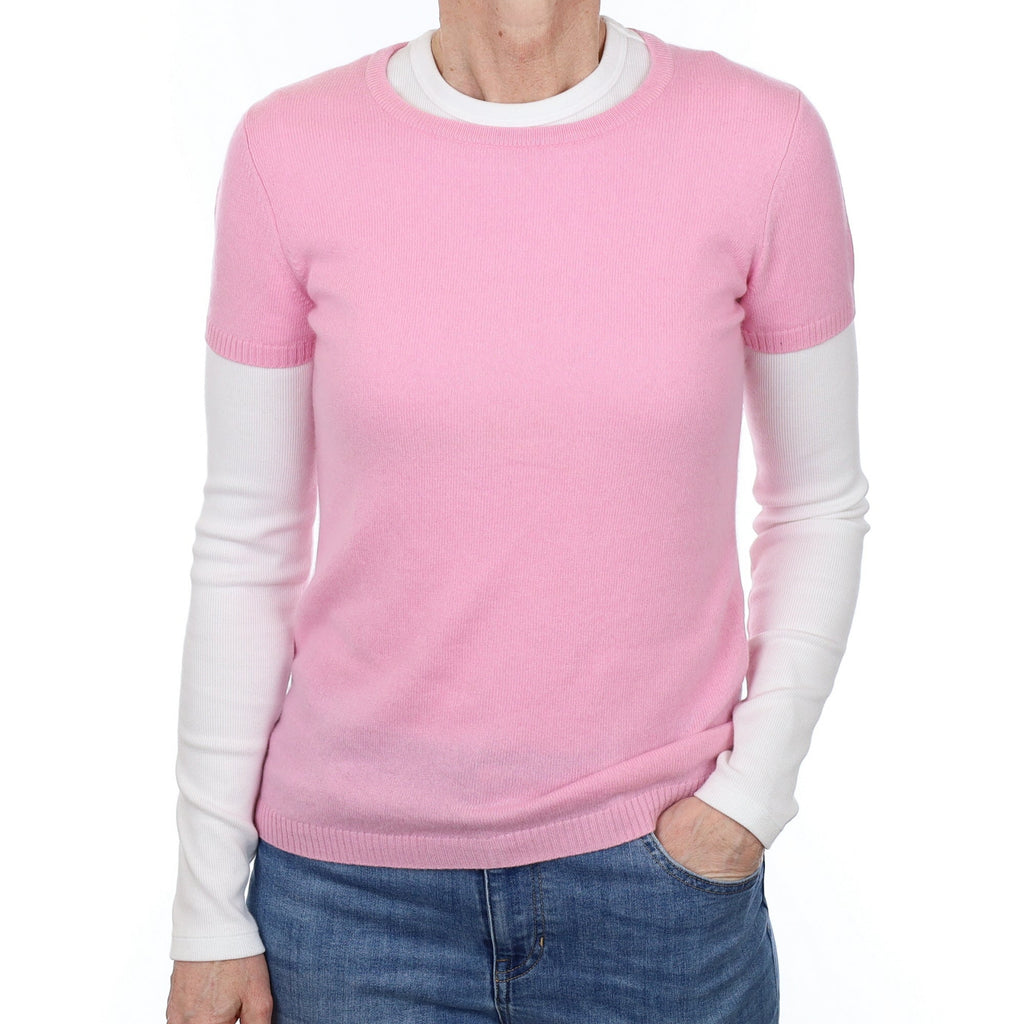 Blush Pink Cashmere Short Sleeved Polo Neck Jumper Small