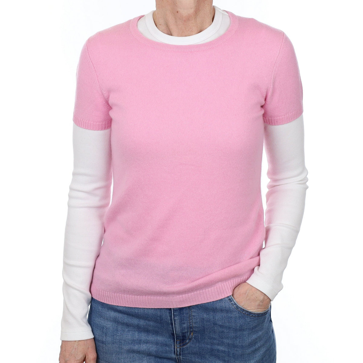 Blush Pink Cashmere Short Sleeved Polo Neck Jumper Small