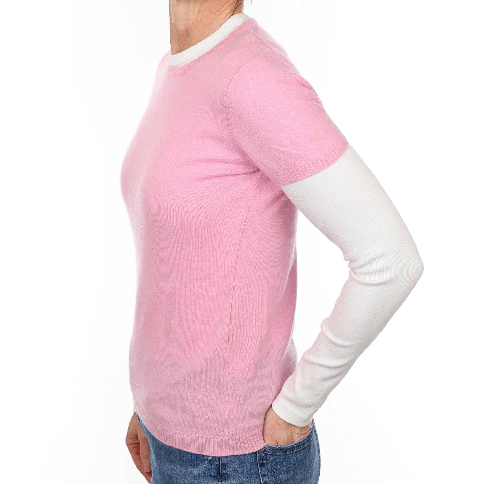 Blush Pink Cashmere Short Sleeved Polo Neck Jumper Small