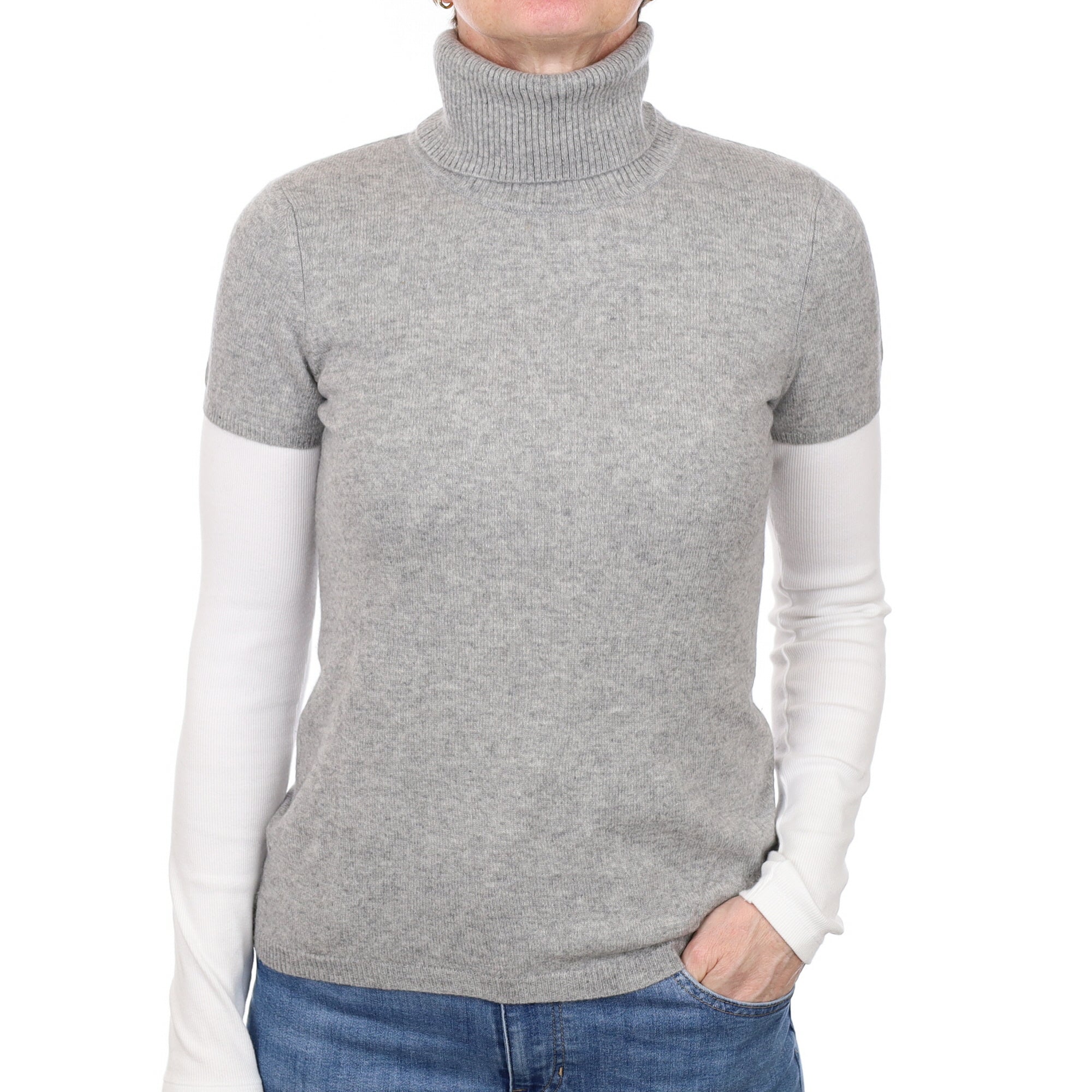 Ash Grey Cashmere Short Sleeved Polo Neck Jumper Small