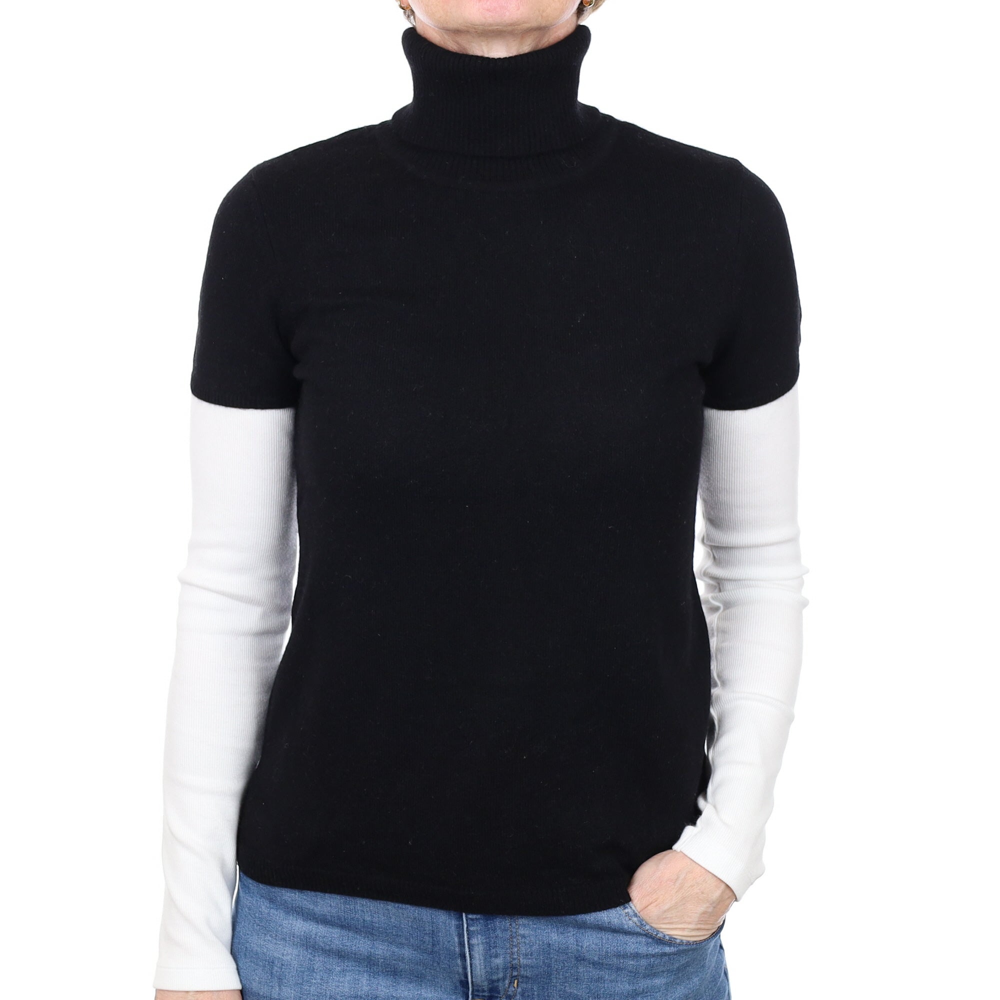 Black Cashmere Short Sleeved Polo Neck Jumper Small