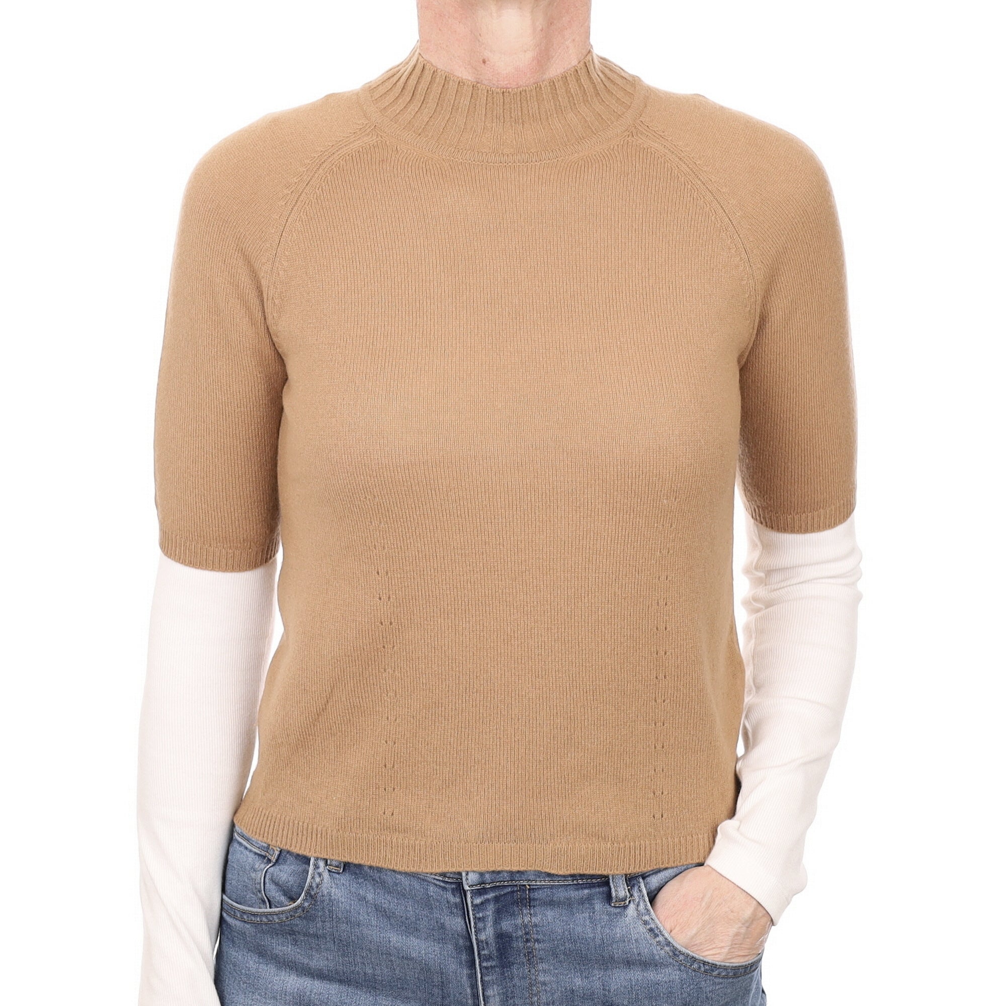Camel Brown Cashmere Short Sleeved Turtle Neck Jumper Small