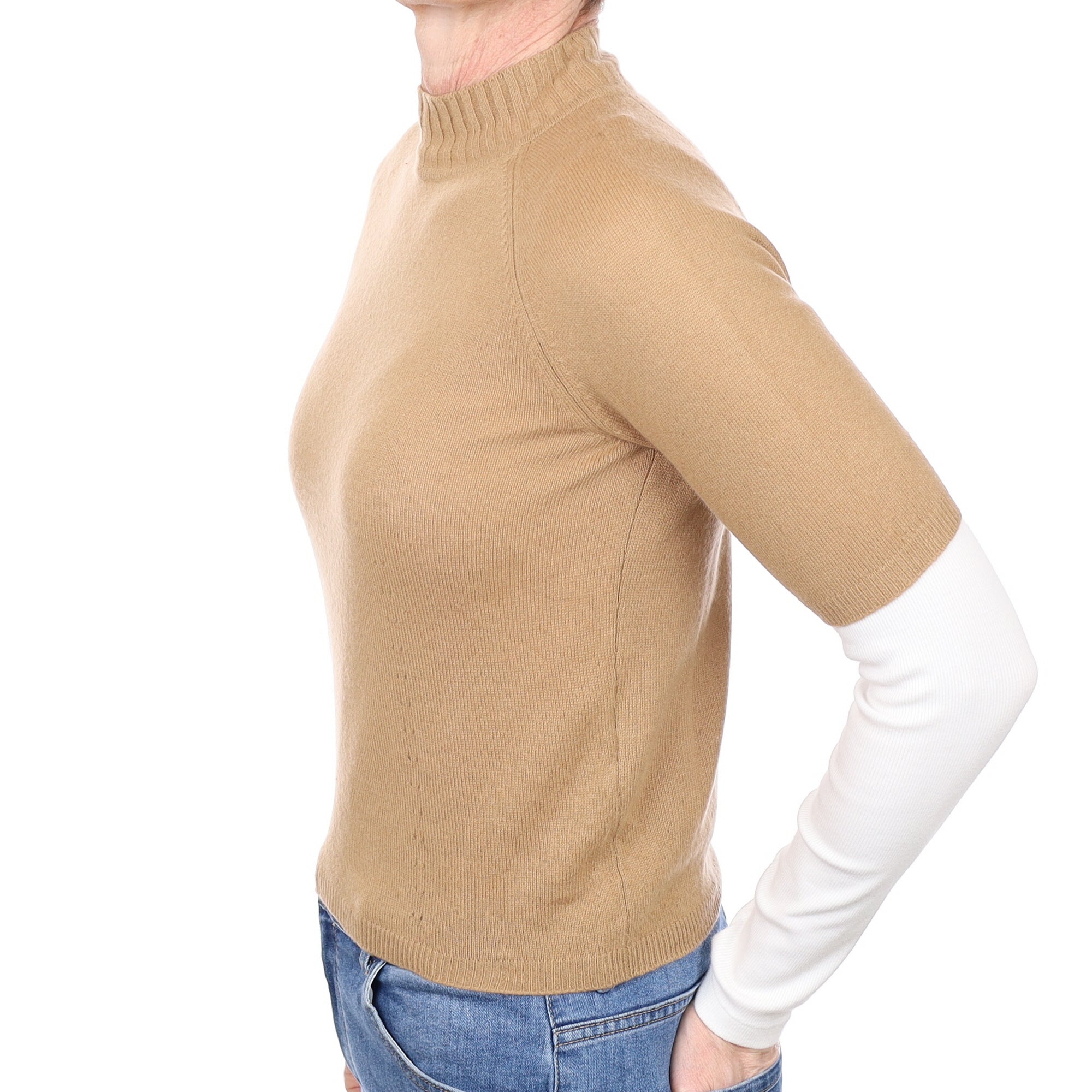 Camel Brown Cashmere Short Sleeved Turtle Neck Jumper Small