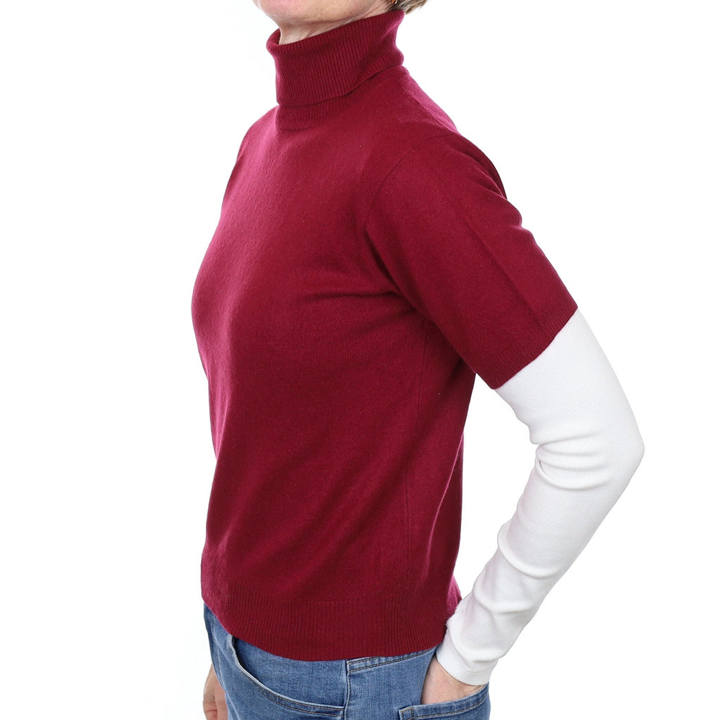 Burgundy Red Cashmere Short Sleeved Polo Neck Jumper Small