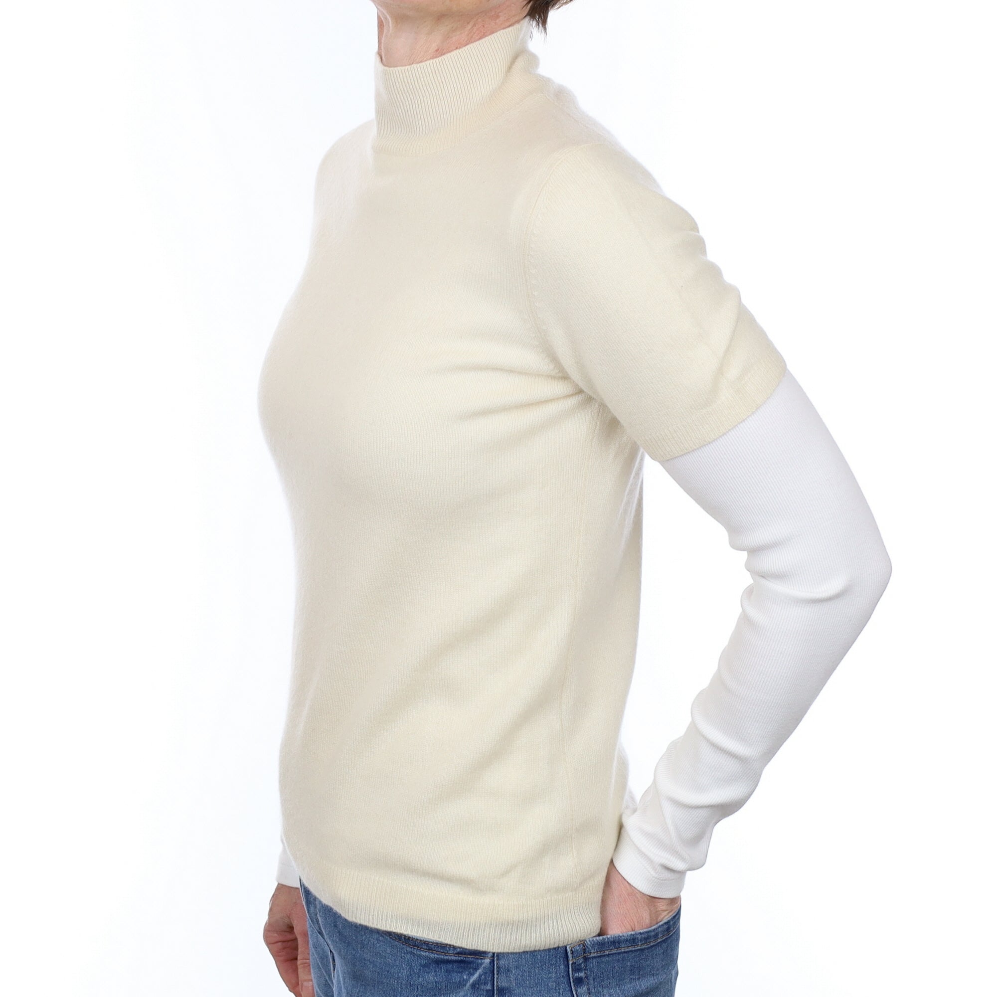 Vanilla Cream Cashmere Short Sleeve Turtle Neck Jumper Small