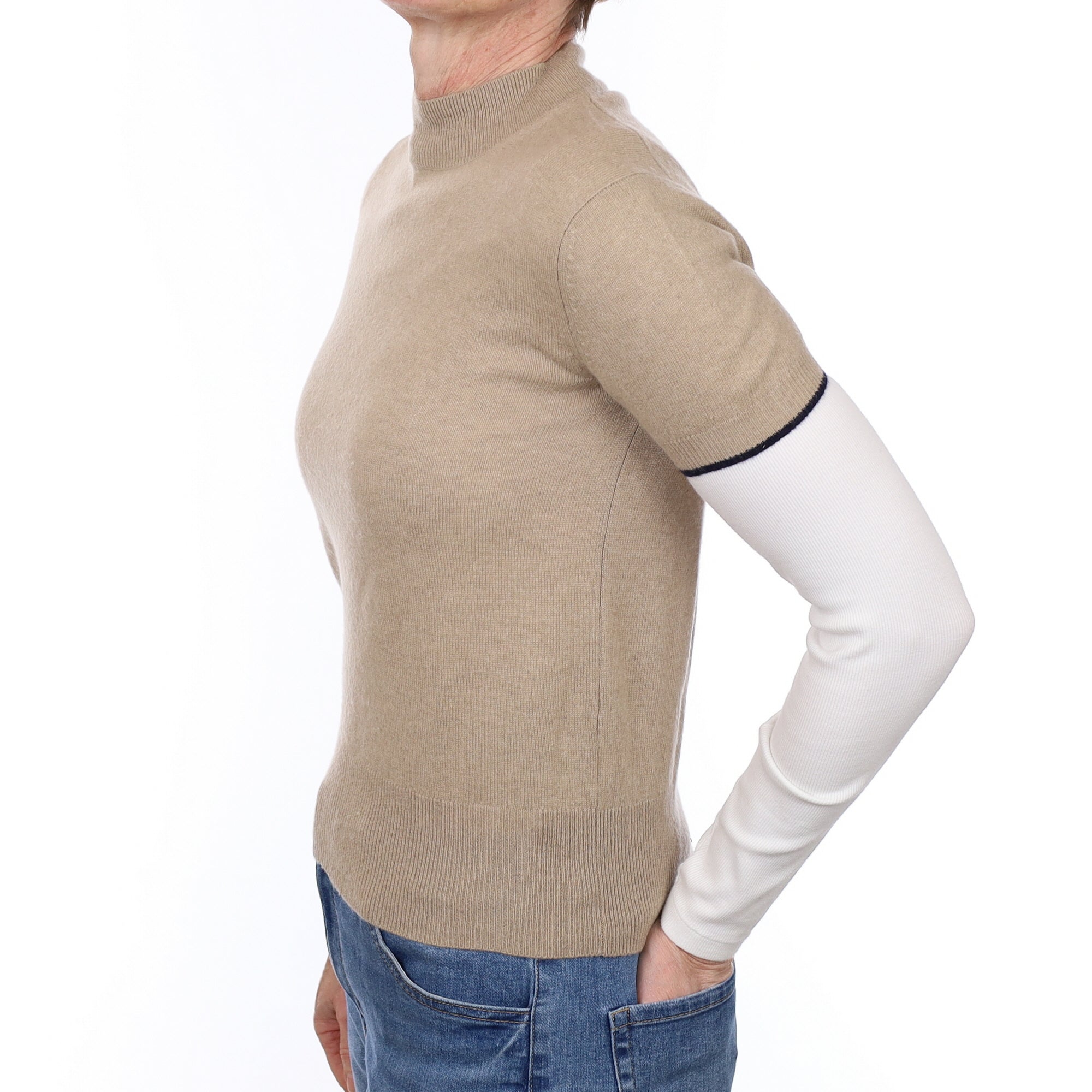 Fawn Navy Trim Cashmere Short Sleeve Turtle Neck Jumper Small