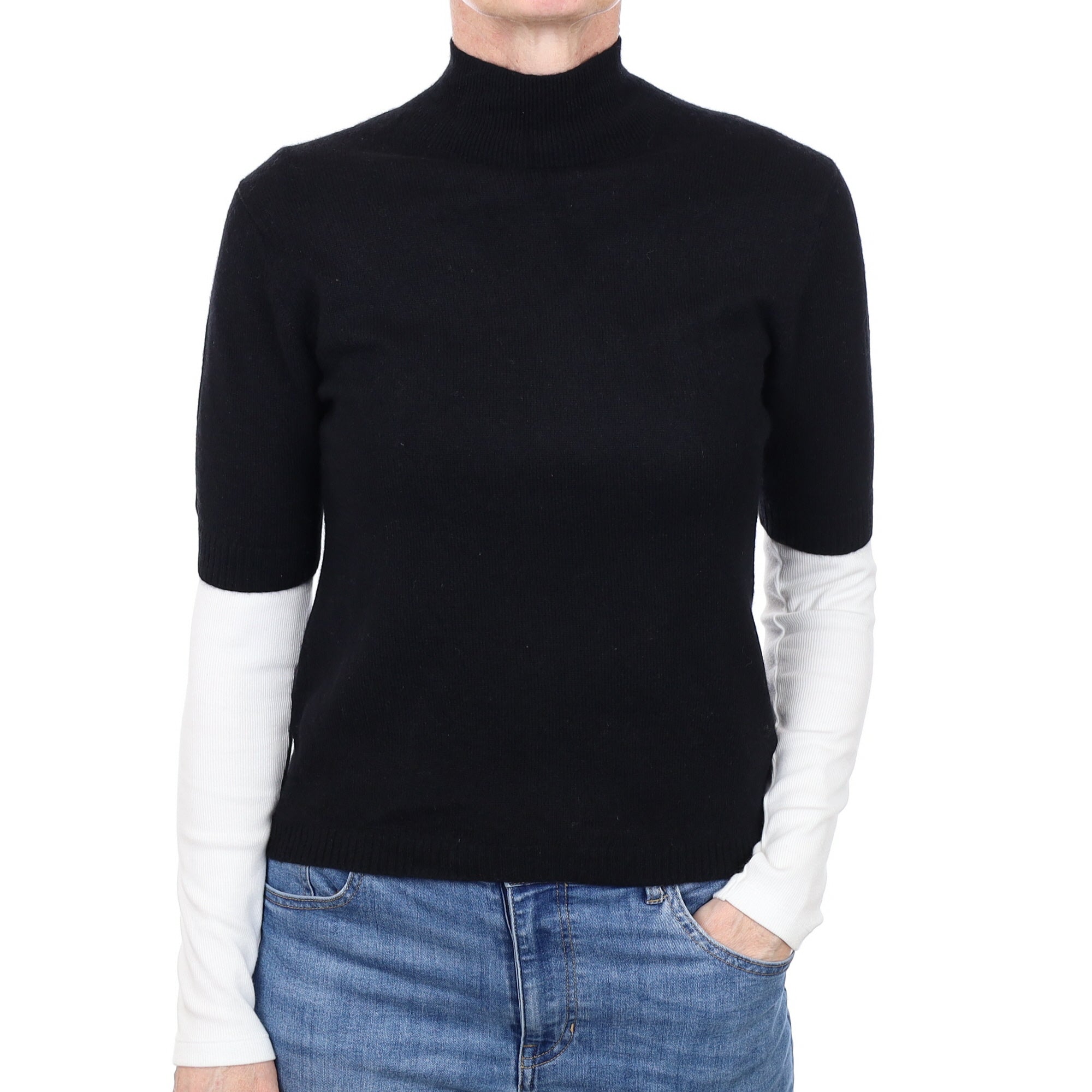 Black Cashmere Short Sleeved Polo Neck Jumper Small