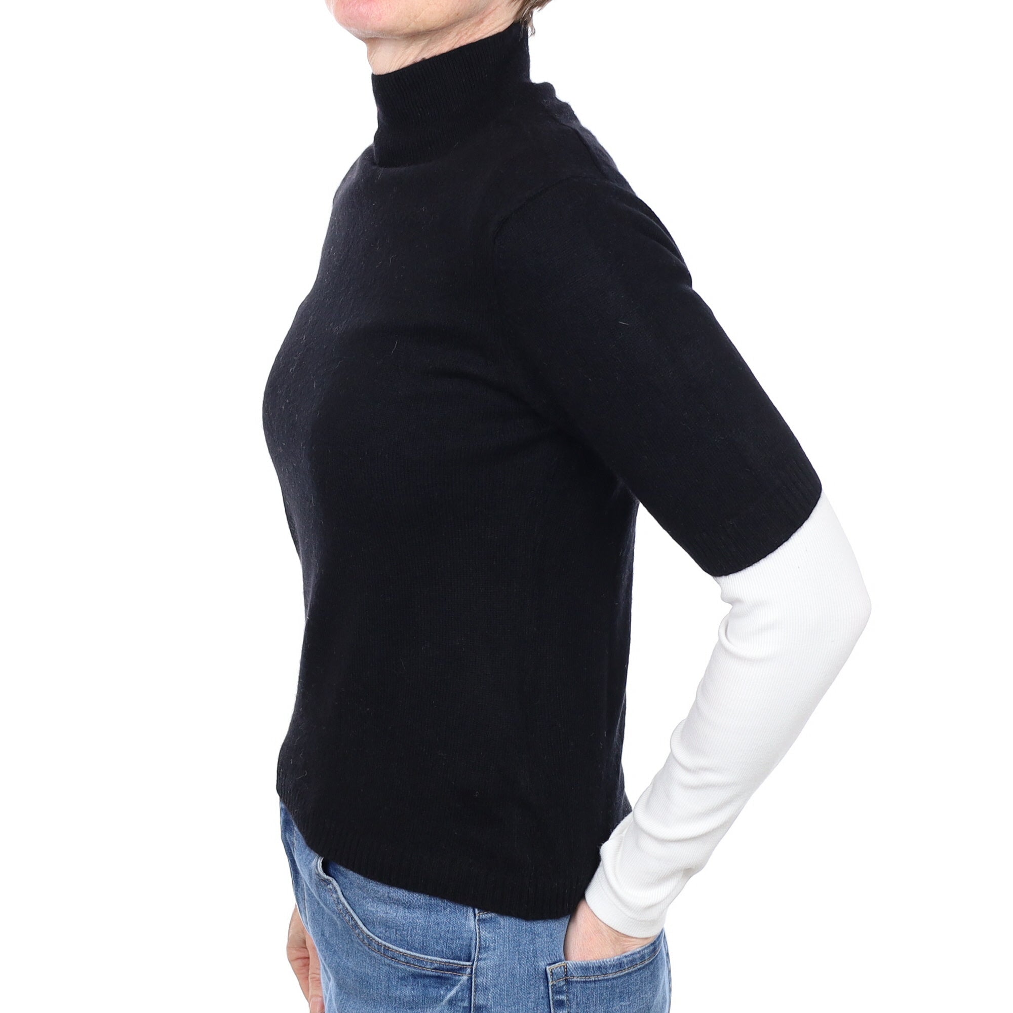 Black Cashmere Short Sleeved Polo Neck Jumper Small